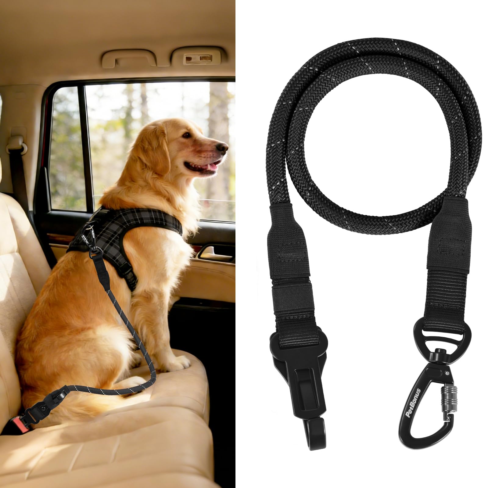 PetBonus Dog Seat Belt for Car, Durable Rope Dog Car Harness Seatbelt for Vehicle, Pet Tether Safety Restraint with Heavy Duty Buckle Hook Latch Lockable Clip for Small Medium Large Breeds (Black)
