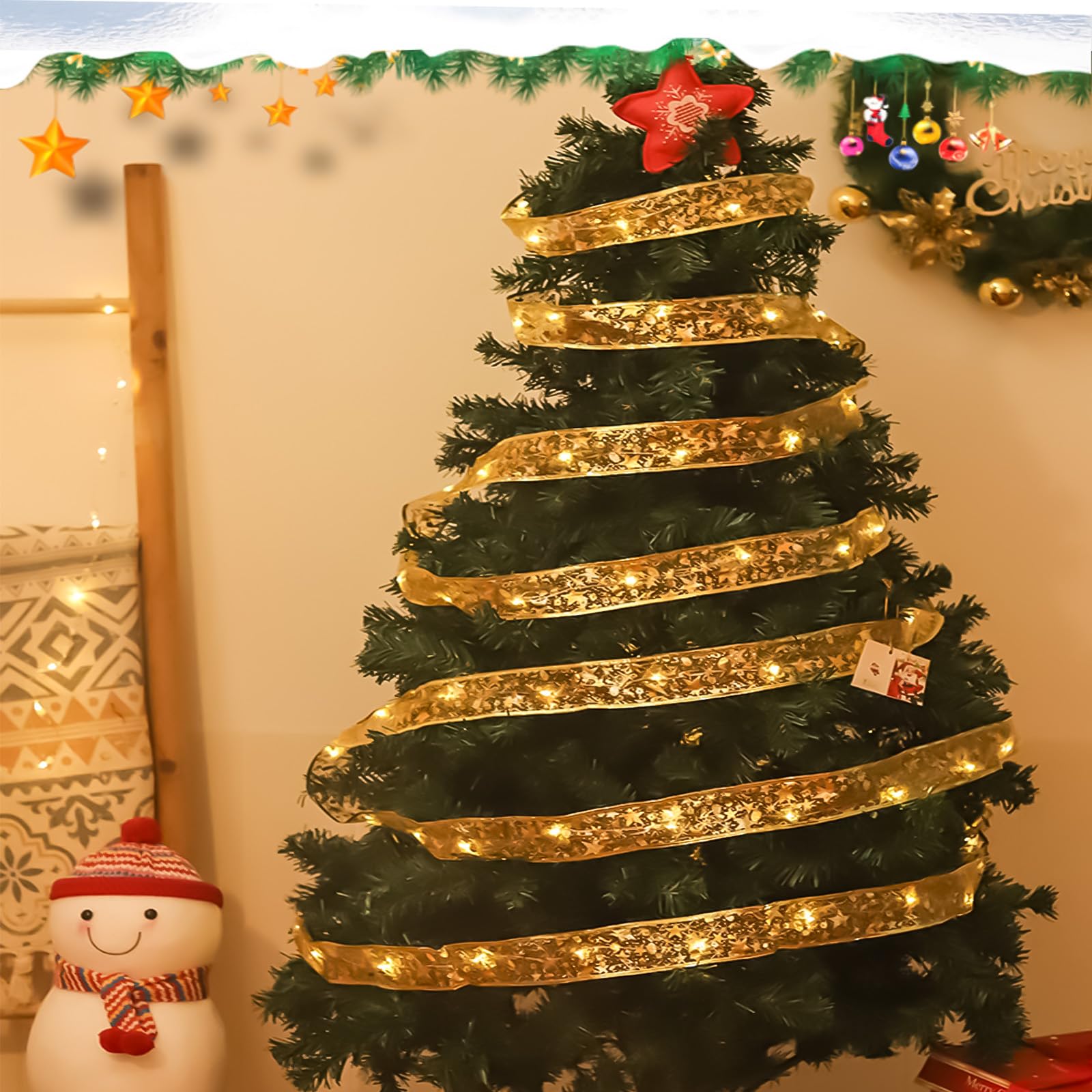 ENLACE Weihnachtsband Lichter – 5m, 50 LEDs, Warmweiß, Goldenes Band 5cm, Batteriebetrieben – Für Weihnachtsbaum & Deko!