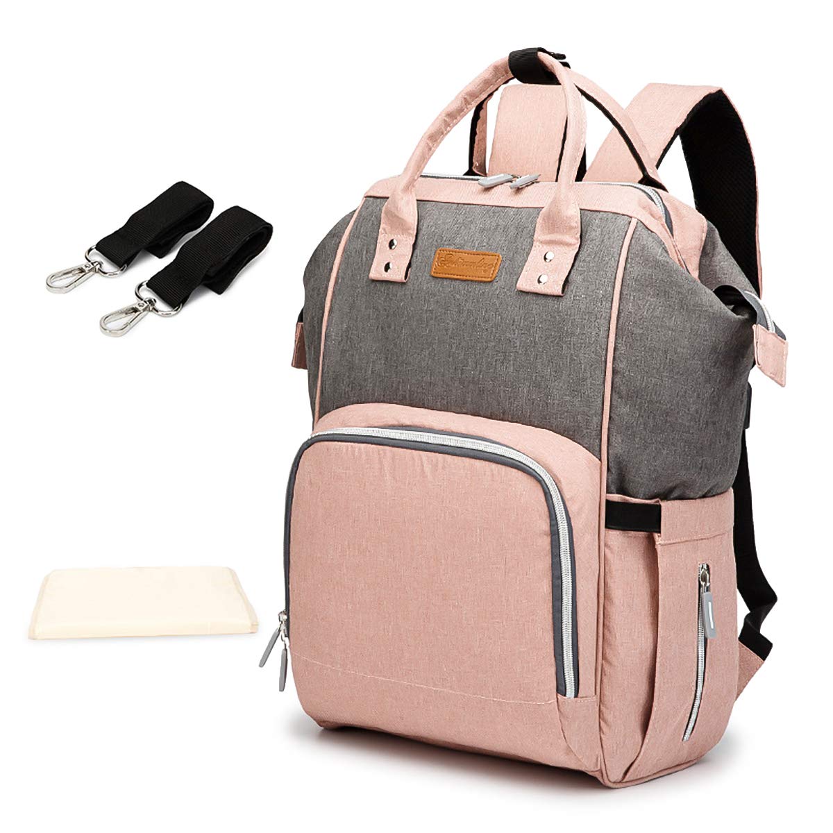 SONARIN Multifunzione Zaino Fasciatoio Bambino per Pannolini,Organizer per Zaino da Viaggio,Interfaccia USB,Impermeabile,Grande Capacità(Rosa & Grigio)