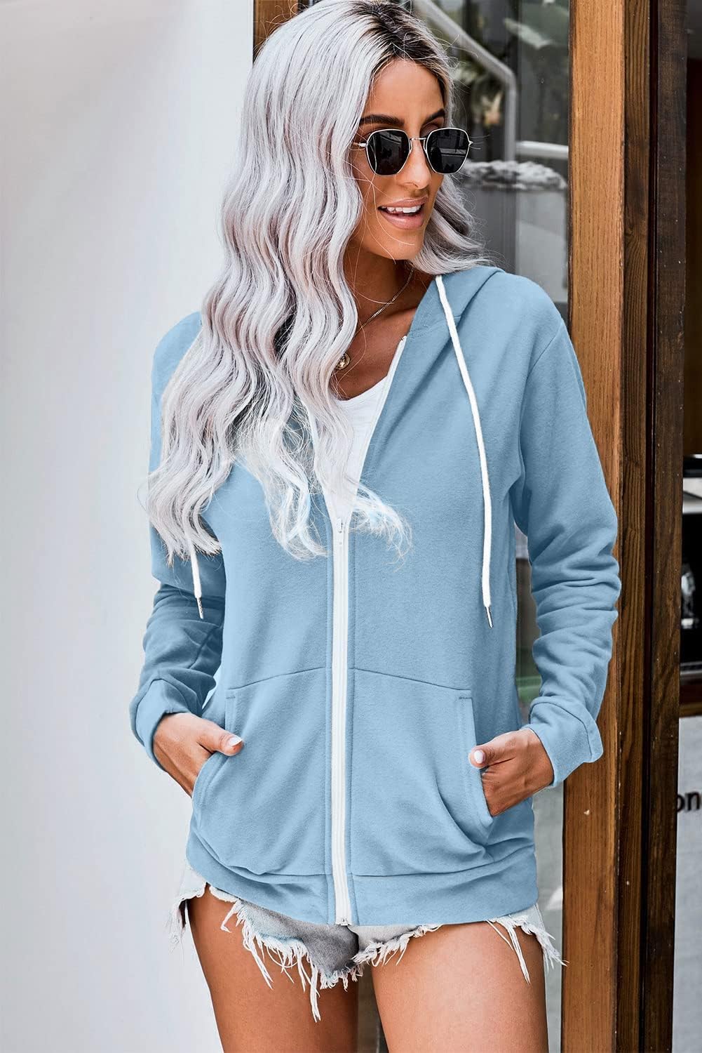WROLEM Women Casual Full Zip Up Hoodie Comfy Loose Long Sleeve Sweatshirt Solid Color Jacket with Pockets - Image 4