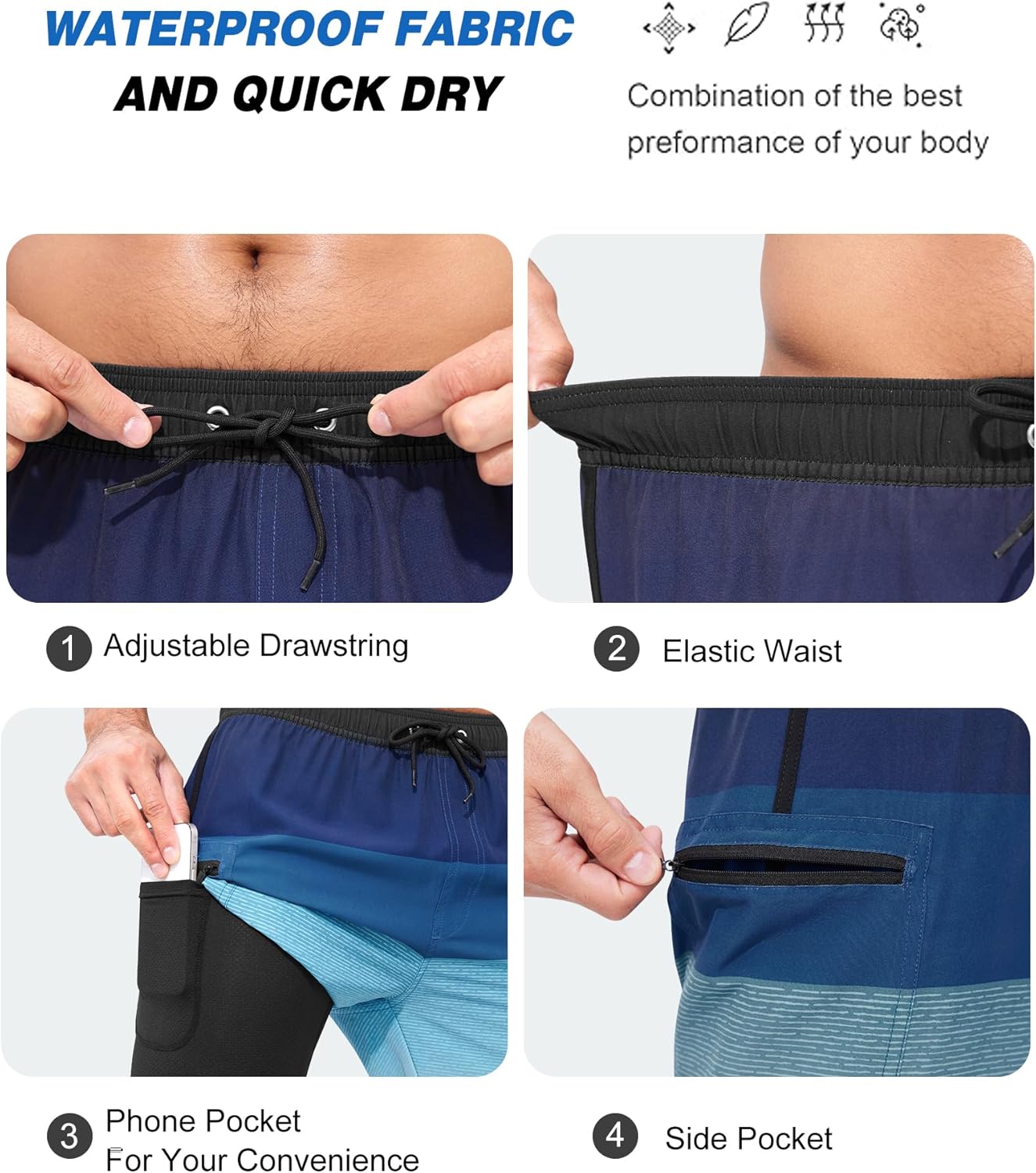 SILKWORLD Mens Swim Trunks with Compression Liner 9 Inch Long Bathing Suit 2 in 1 Beach Quick Dry Shorts with Pockets - Image 6