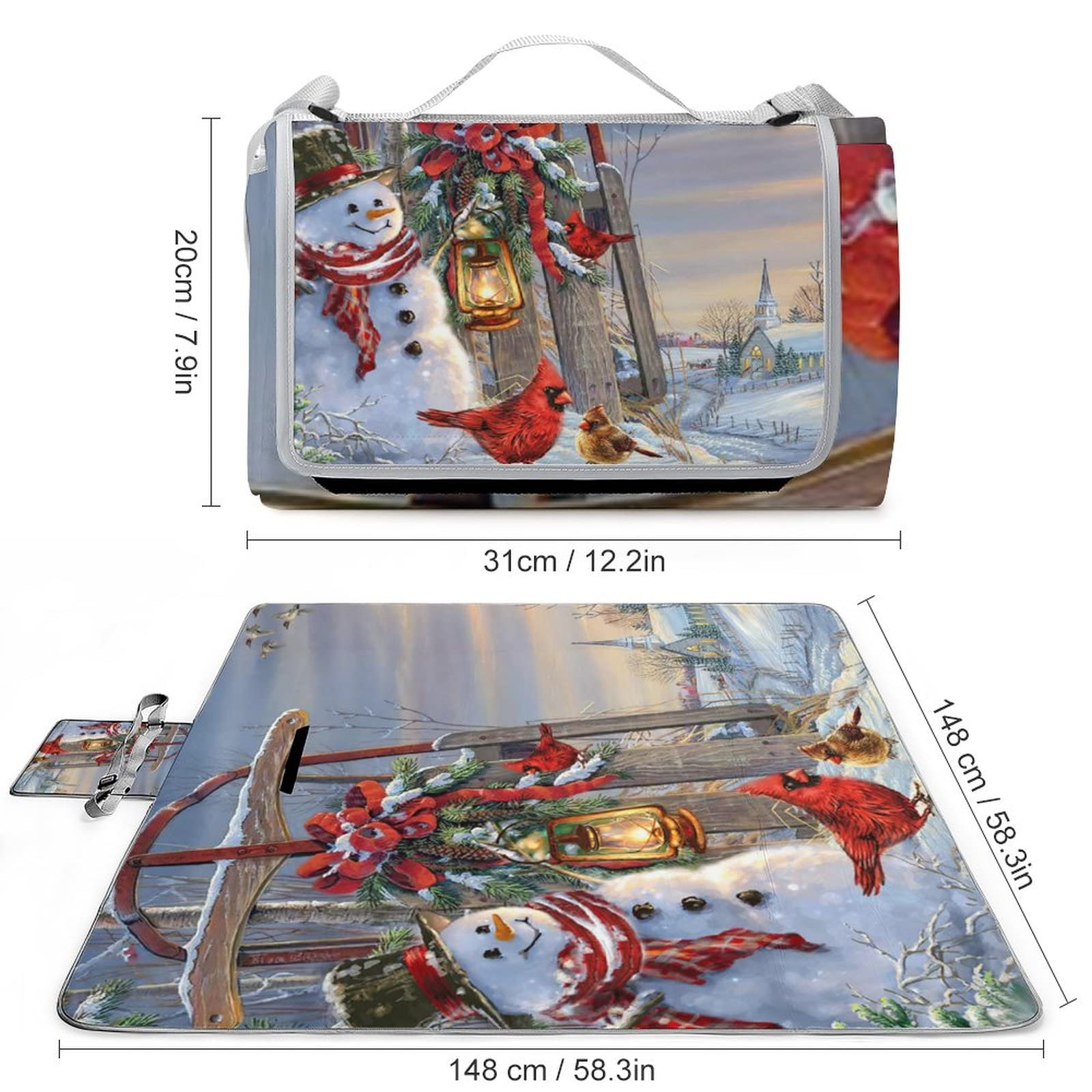 Fantasy Rural Farmhouse Soft Waterproof Folding Picnic Blanket Retro Oil Painting Winter Snowman Bells Bird for Sandproof for Camping Travelling Hiking 58.3x58.3 Inch