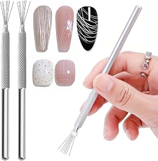 7-pin Nail Liner Nail Art Tools, 2pcs Stripe Lines Nail Art Drawing Pen Silver Stainless Steel Handle Bendable Pins Ultra-thin Line Nail Brush, Spider Gel Manicure Tools Nail Art Line Painting Tool