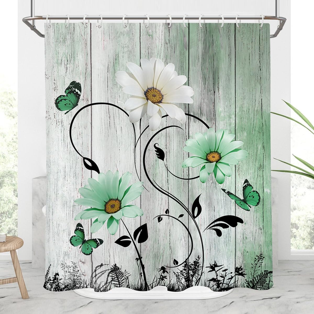 AAtter Black and White Floral Shower Curtain Standard Grey Gray Flower Rustic Vintage Butterfly Abstract Leaves Plant Home Bathroom Decor Bathtub Set with 12 Hooks, 72x72, Wooden