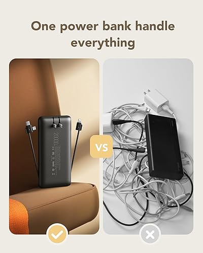 Miniatura 5 de charmast Cargador portátil de 20000 mAh con enchufe de pared, cargador de batería USB C, batería PD de 20 W con cables incorporados, esencial de