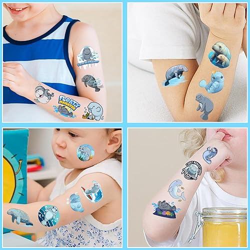 Miniatura 4 de 16 hojas de calcomanías de tatuajes temporales de manatí, regalos de fiesta de manatíes, suministros de decoración de cumpleaños, recompensas para
