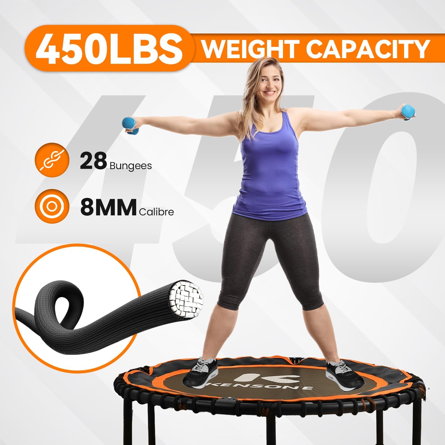 40/48" foldable rebounder trampoline for adults with bungee, 450/550 lbs quiet indoor mini trampoline for adults fitness, gym workout, home exercise 40" u-bar orange