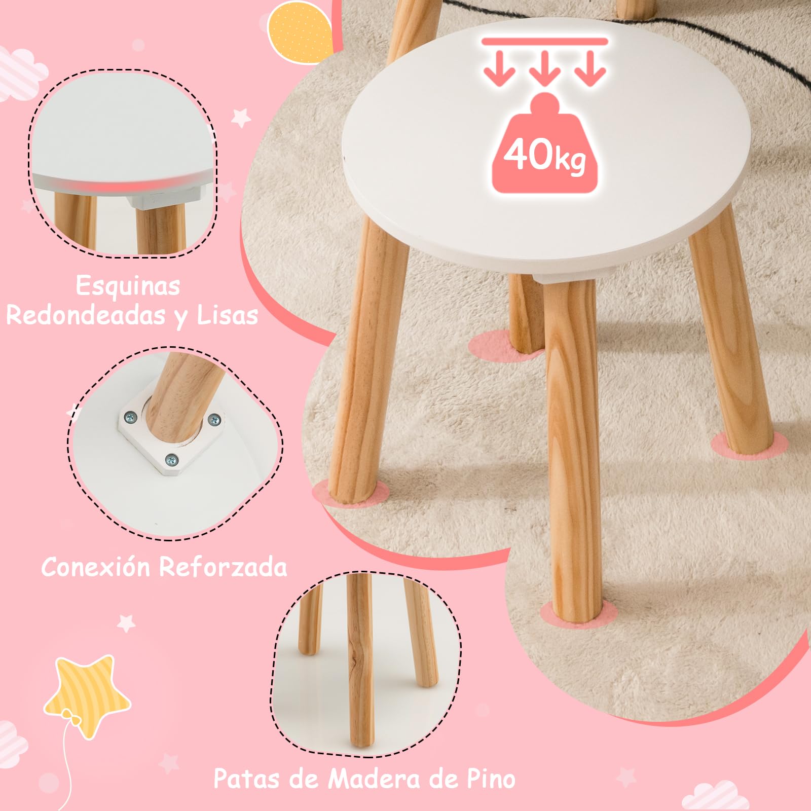 RELAX4LIFE 2 en 1 Tocador de Maquillaje para Niñas 3-7 Años con Taburete, Escritorio/Tocador Niña de MDF con Espejo Extraíble, 2 Cajones y 1 Estante, Mesa Niños Infantil, Carga 20+40kg (Blanco)