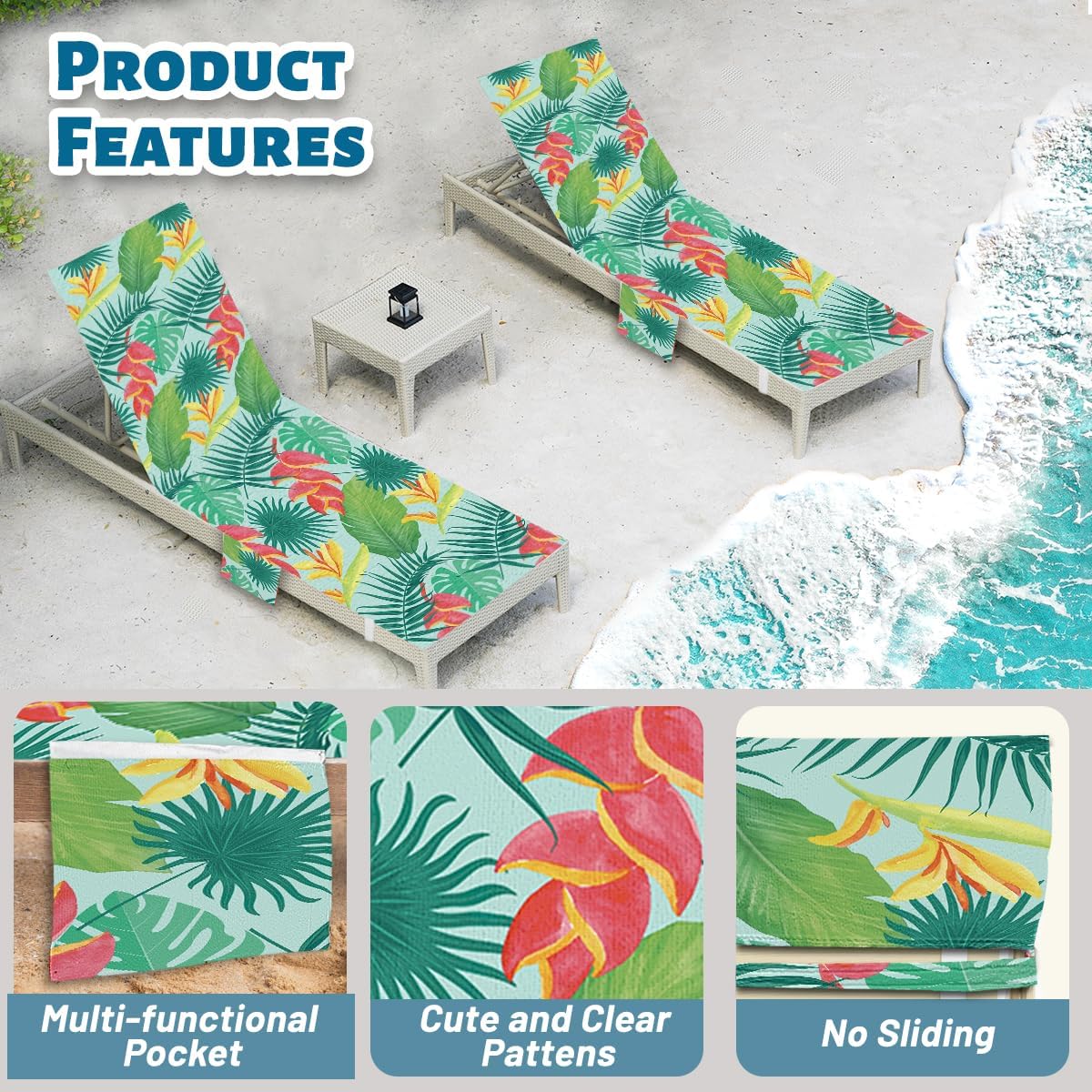 2 PCS Flower and Leaves Beach Chair Covers, Lounge Chair Towel Cover, Chaise Lounge Cover with Pockets for Pool Sunbathing Beach Garden Courtyard Outdoor Trips, 85" X 30"