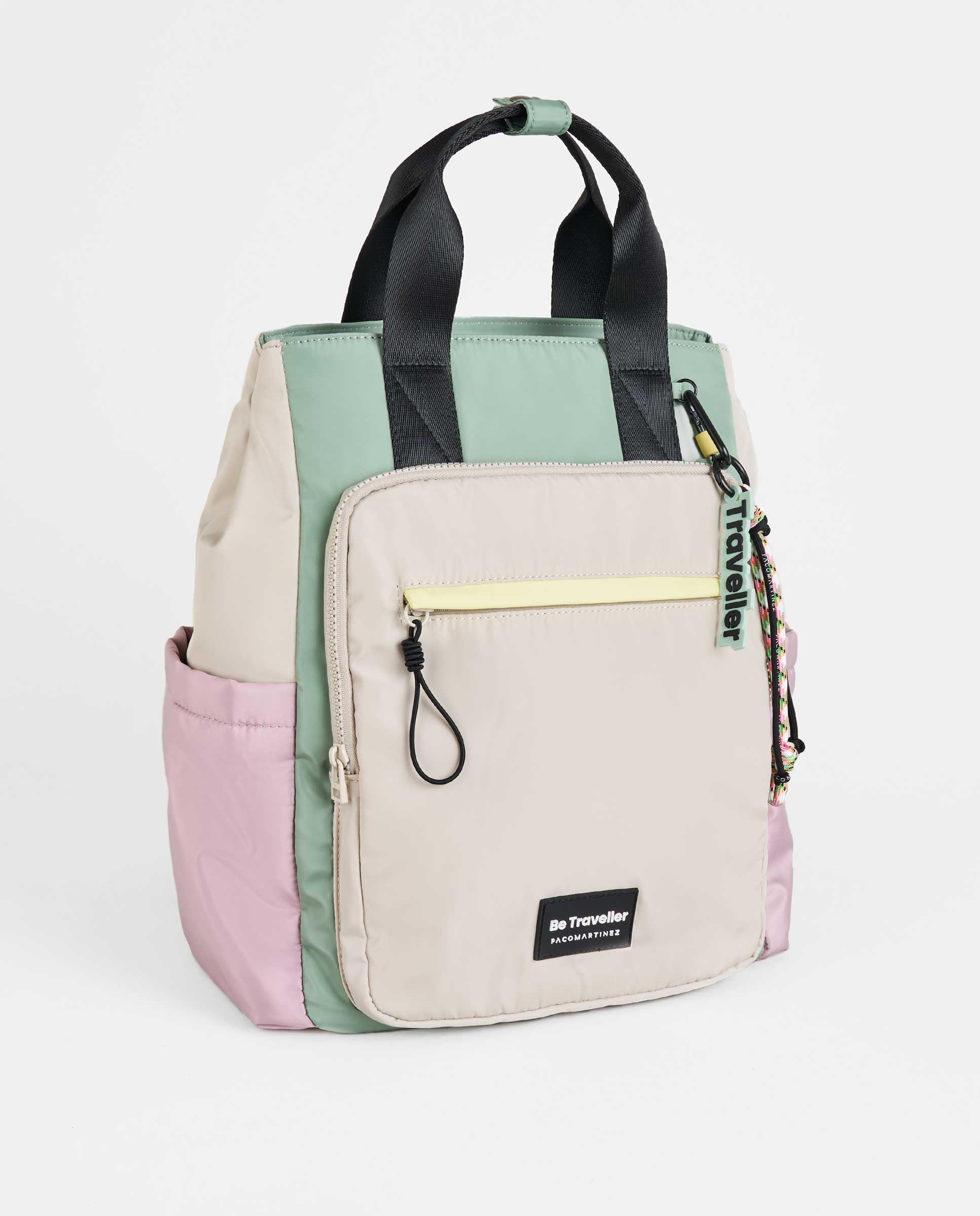 PACO MARTINEZ Mochila Traveller Multicolor para Mujer, Bolso Mochila para Portátil 13", Tamaño Grande, Asas Dobles, Color Gris, Malva, Verde Menta y Amarillo - 37x42x22 Centímetros
