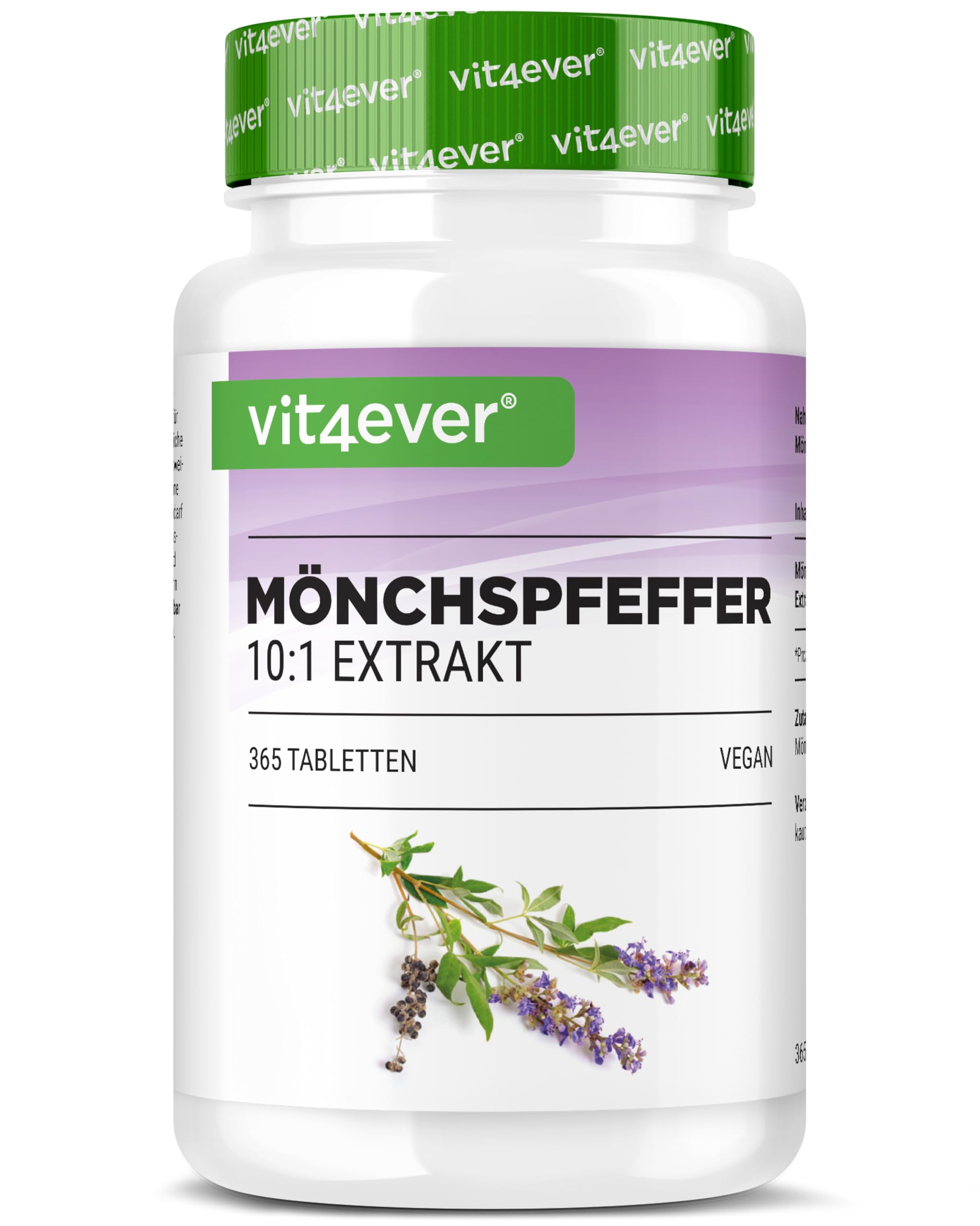 vit4ever Mönchspfeffer - 365 Tabletten - Hochdosiert mit 20 mg hochwertiges Mönchspfefferextrakt (10:1), entspricht 200 mg reinem Mönchspfeffer (Vitex Agnus Castus) - Ohne unnötige Zusätze - Vegan