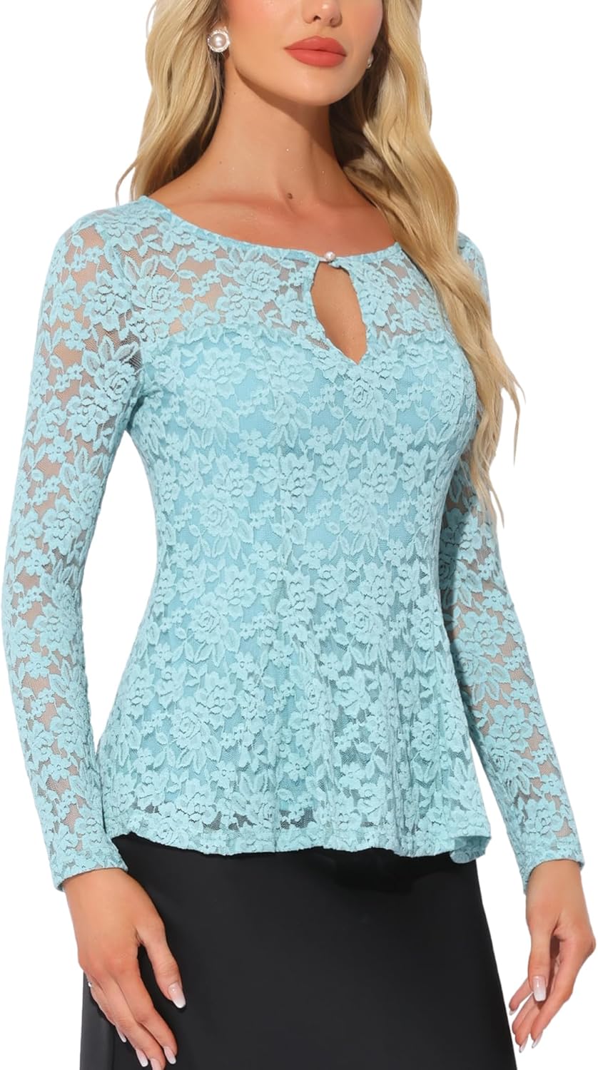 Allegra K Women's Dressy Top Formal Wedding Guest Long Sleeve Lace Peplum Blouse