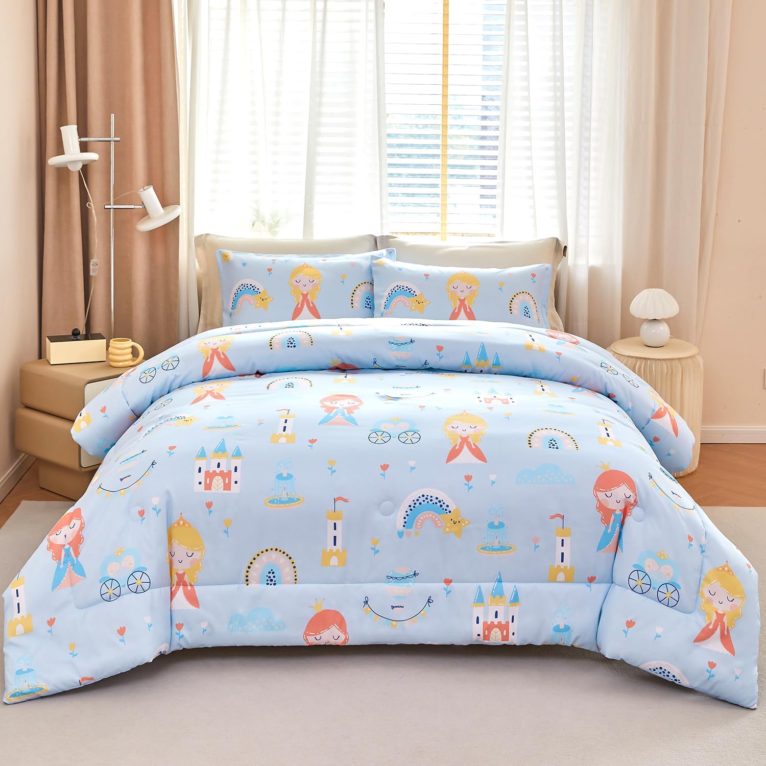 Amazon.com: WINLIFE Girls Princess Comforter Set Twin Size Blue Rainbow ...