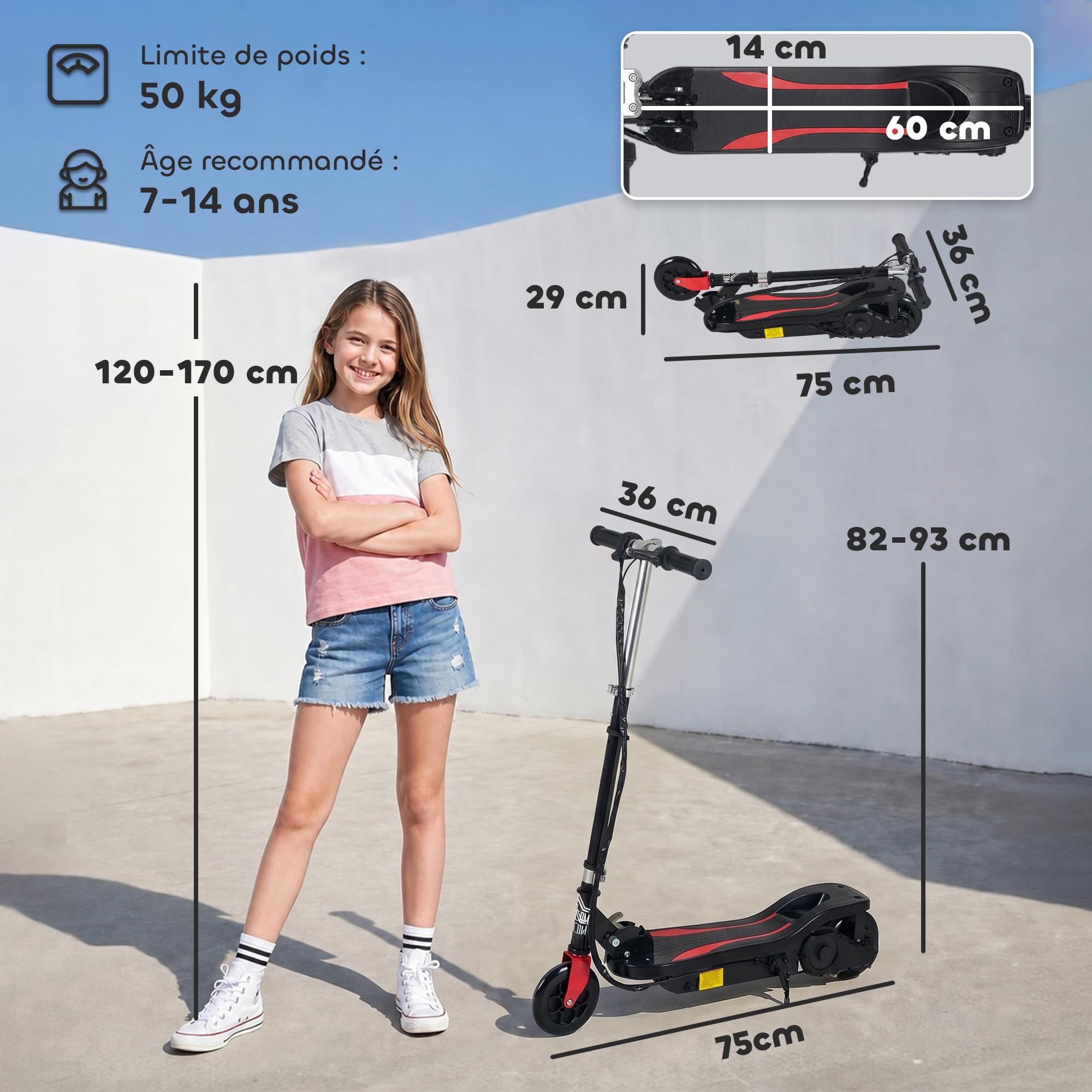HOMCOM Trottinette électrique pour Enfants 7+ Ans 75x36x82-93 cm Noir | Trottinette Pliable, Hauteur Réglable, 24V, Vitesse Jusqu'à 12 km/h, Charge de Freinage 50 kg
