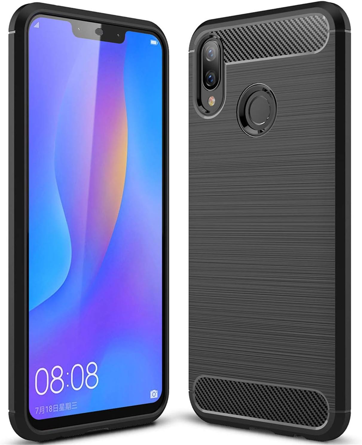 P Smart Plus Case, LANDEE Soft Silicon Back Cover Resilient Shock Absorption and Carbon Fiber Design Protective Case for Huawei P Smart Plus/P Smart+ / Huawei Nova 3i - Black