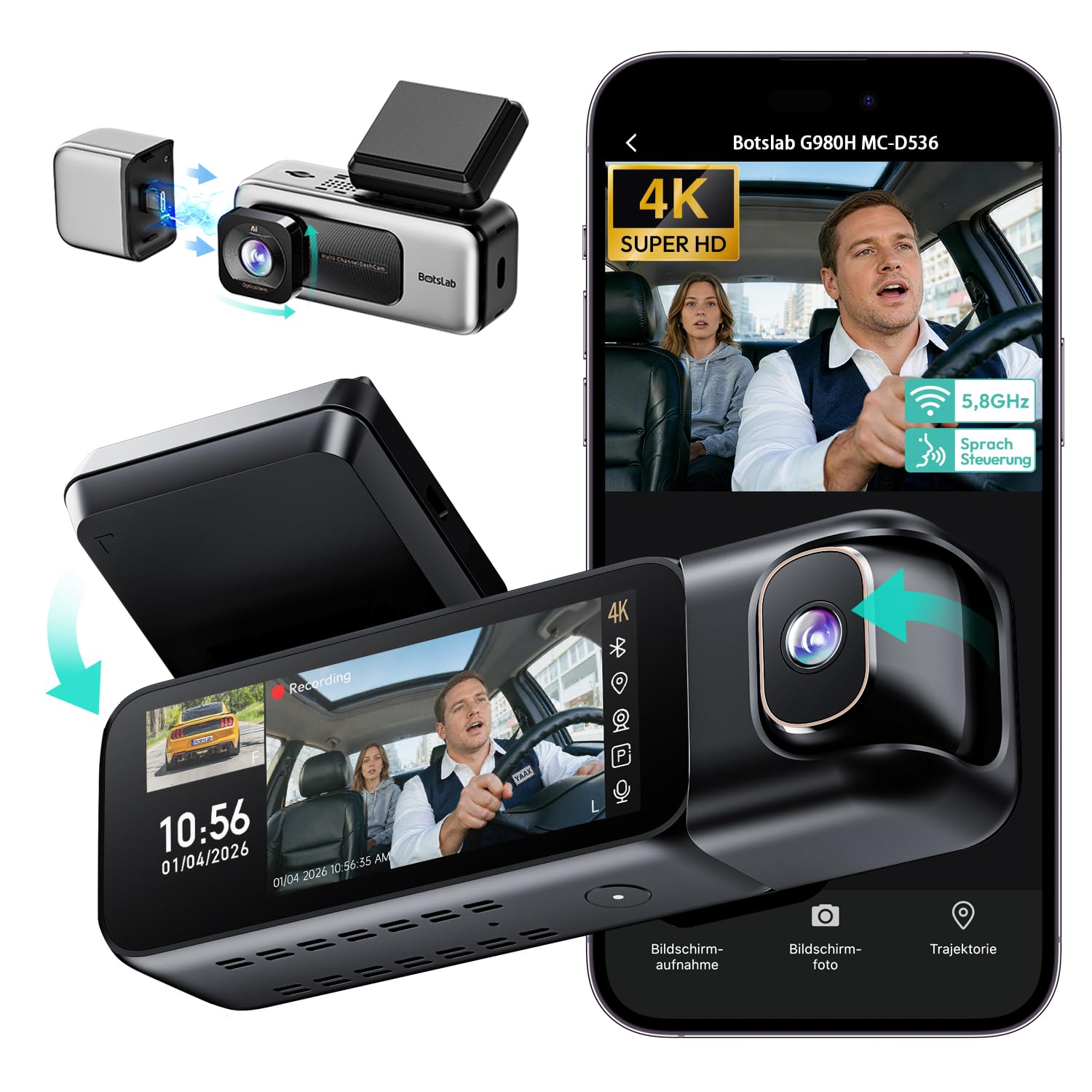 BOTSLAB Dashcam Auto Vorne Innen 4K+1080P Dual Kamera mit Super IR Nachtsicht 3,18" IPS-Touchscreen App & Sprachsteuerung 5,8 GHz Wi-Fi GPS 24/7 Parküberwachung G-Sensor 512 GB Max