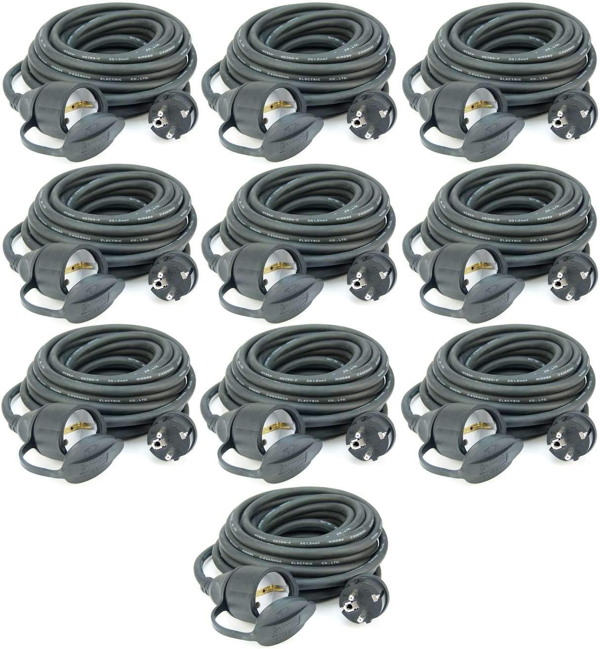 GLT 10 x Paccs 10 m Schuko Gummi Verlängerungskabel IP44 H07RN-F 3G1,5, schwarz, für den Außenbereich und den Einsatz auf Baustellen