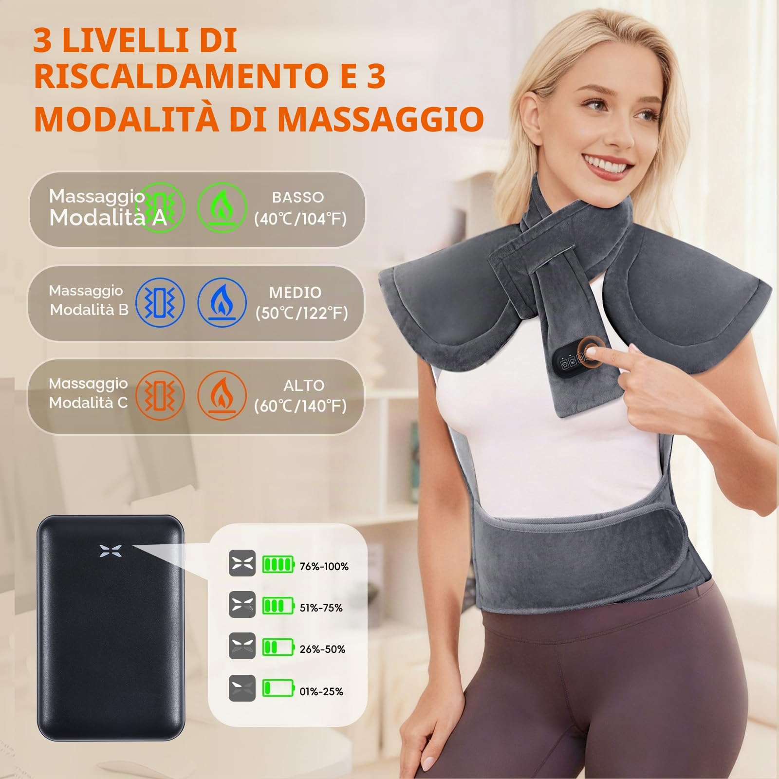Cuscino Termico Elettrico per Collo Spalle Schiena con Batteria da 10000mAh, Cuscinetto Riscaldante Collo con 3 Livelli di Temperatura & 3 Modalità di Massaggio, Spegnimento Automatico