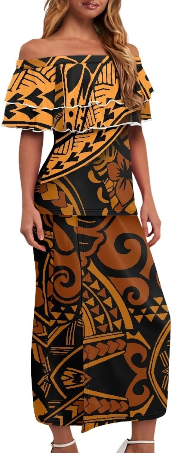 Samoa Couple Outfit Polynesian Dress for Women Traditional Puletasi Shirts for Men Strapless Ruffle Dresses