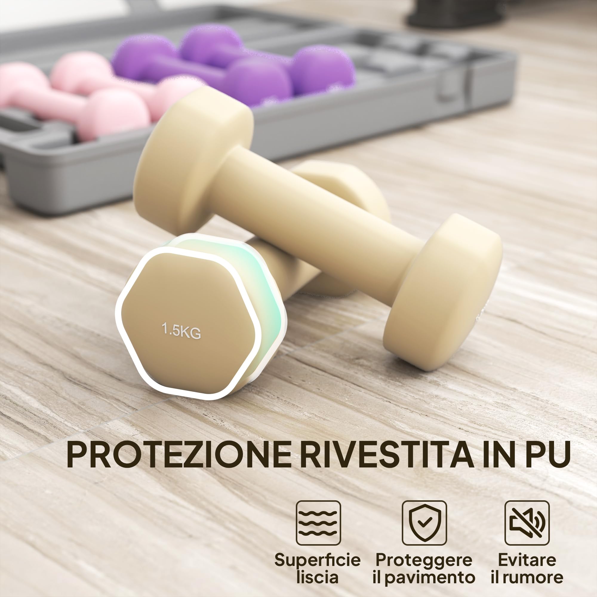 HOMCOM Set di Manubri Palestra 2x0.5/1/1.5kg con Valigetta, Manubri da 6 kg Totali con Impugnatura Antiscivolo, Allenamento Fitness Casa, Rosa, Viola, Marrone