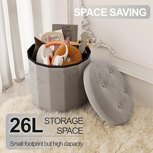 Miniatura 4 de Ablon Otomana de almacenamiento de terciopelo, cajas de almacenamiento redondas con asiento acolchado suave, reposapiés plegable y organizador para