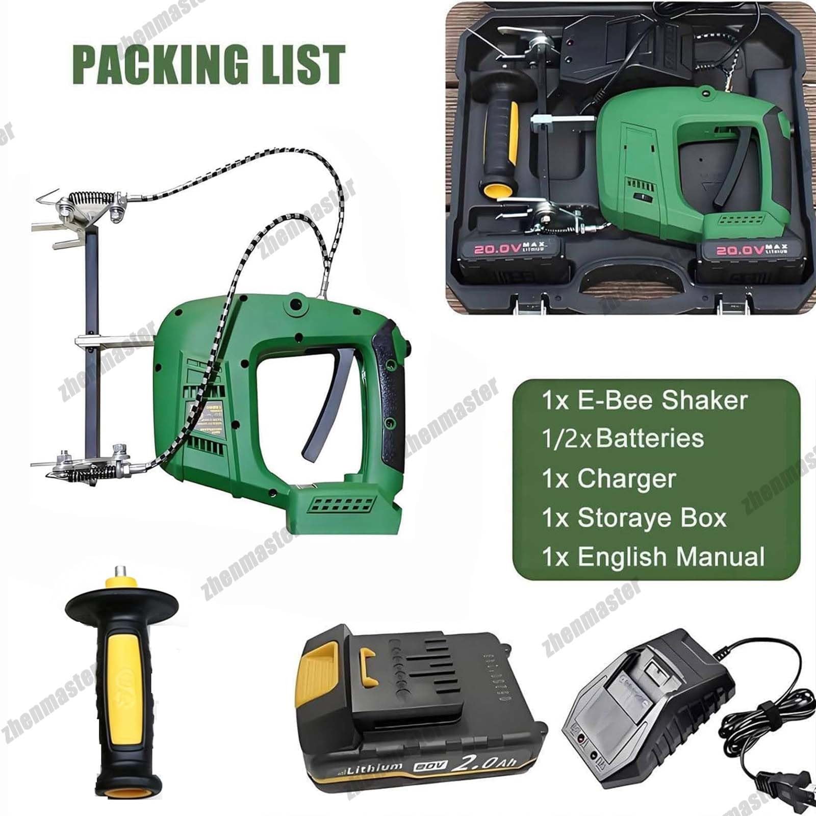 Attrezzatura per La Scuotitura Di Arnie, Elettrico Di Api, Scuotifavo Senza Fili a Doppia Impugnatura, 600-2000 Bpm, 9 Velocità, Morsetto Di Sicurezza per Telaini Da 25-30 Mm(Green,2*Battery)