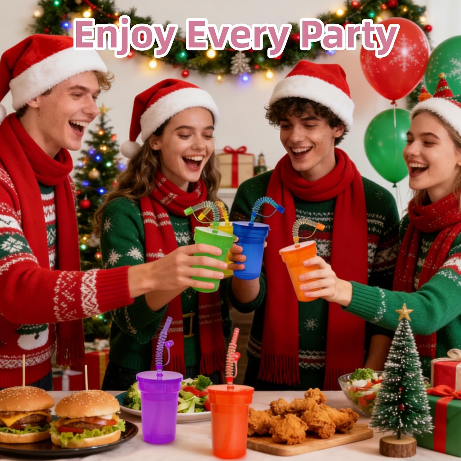 24 Pcs Plastic Party Cups with Lids and Straws, 12 Oz Colorful Neon Sipper Cup, Leak Proof Tumbler Cups Bulk, Reusable Party Favor Cups for Christmas, Events Celebrations Supplies, 6 Colors - Image 5
