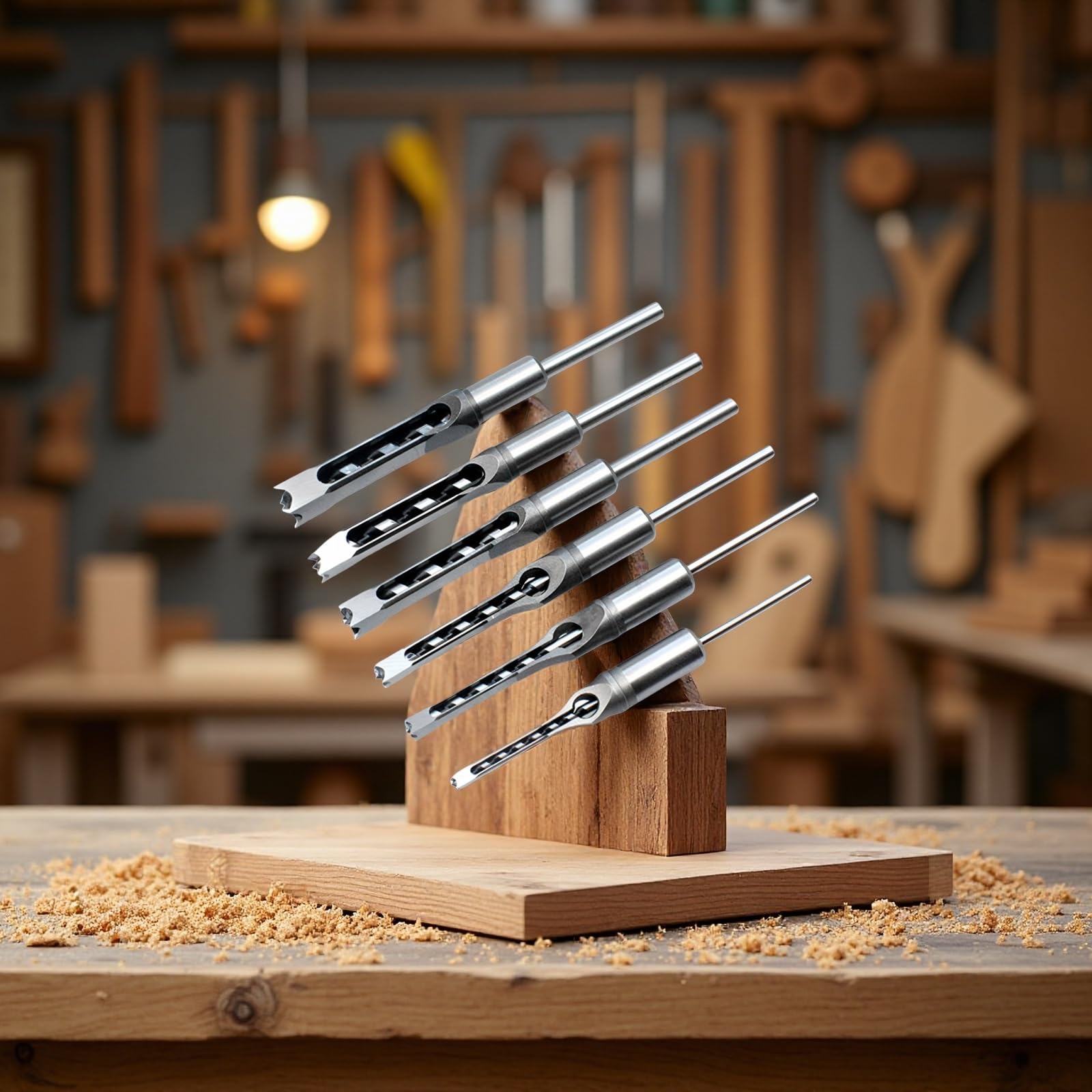 Lot de 6 forets carrés pour mortaisage, foret ciseau à bois pour menuiserie, acier argenté, 21 cm, 6 tailles, pour créer des mortaises nettes et des assemblages tenon et mortaise précis