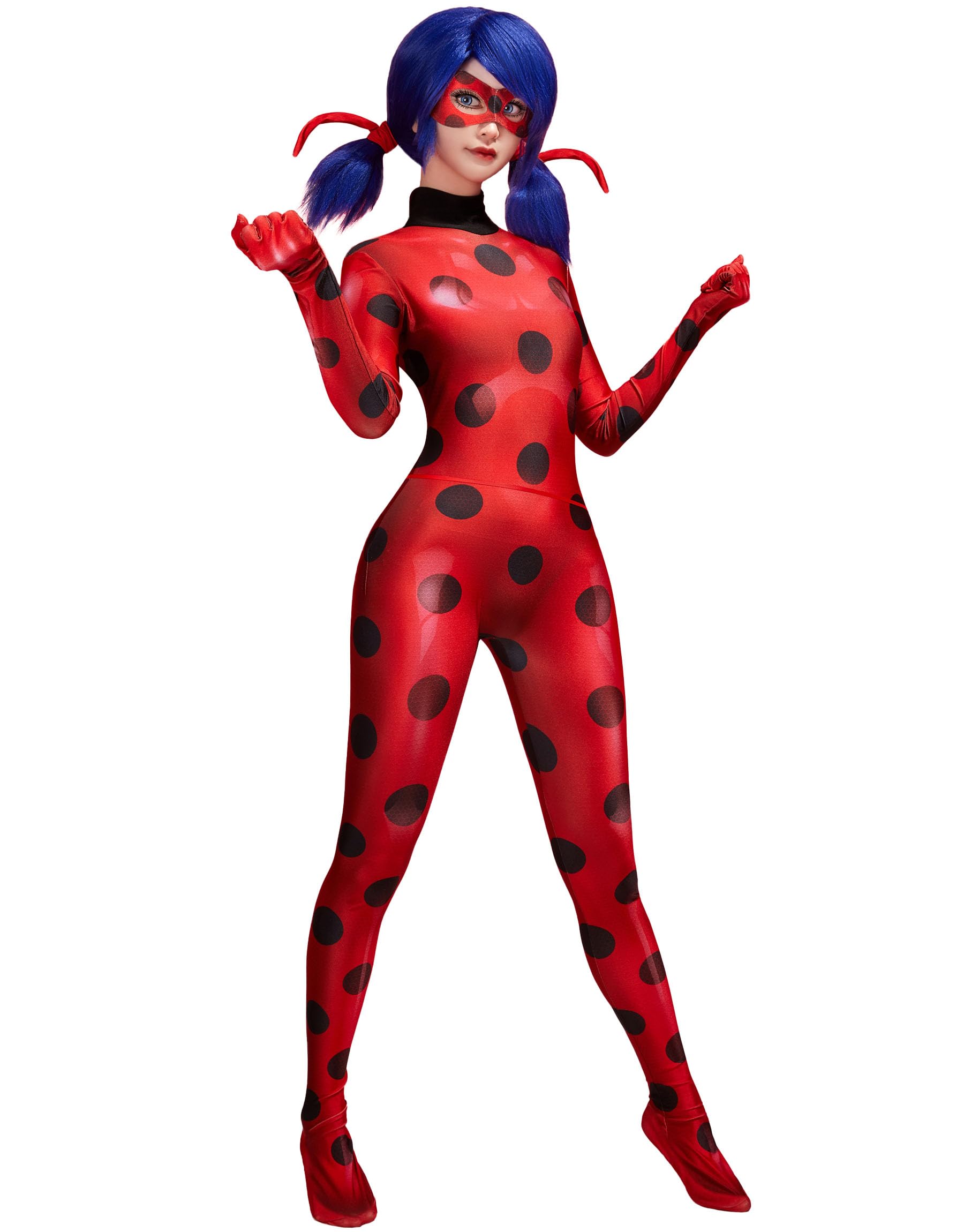 Micotaku Women Miraculous Ladybug Cosplay Set 3D Digital Printing Jumpsuit with Eye Mask and Yoyo Bag