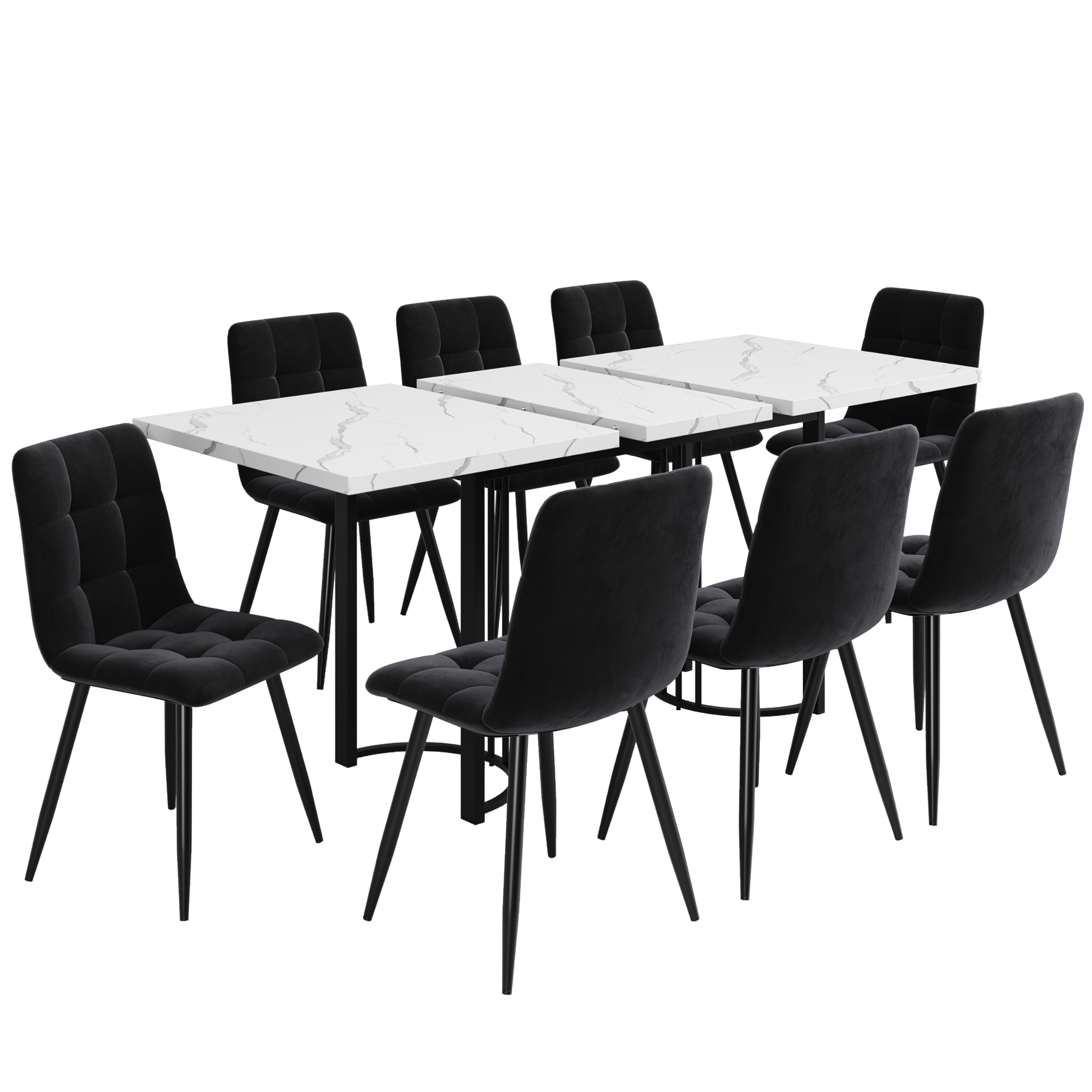 Zestaw do jadalni (9-częściowy), wysuwany zestaw do jadalni dla 8 osób, 140 x 80 cm, stół do jadalni z 8 krzesłami, stelaż z metalu, prostokątny stół do jadalni, krzesła z czarnego aksamitu