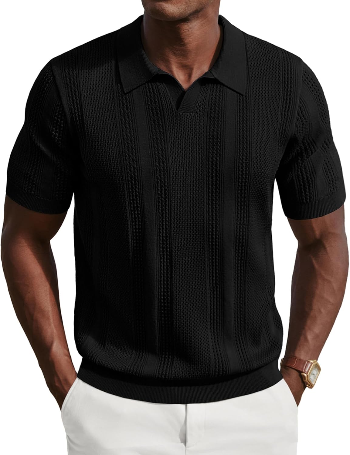 PJ PAUL JONES Mens Polo Shirts Short Sleeve V Neck Knit Shirt Casual Golf Polos