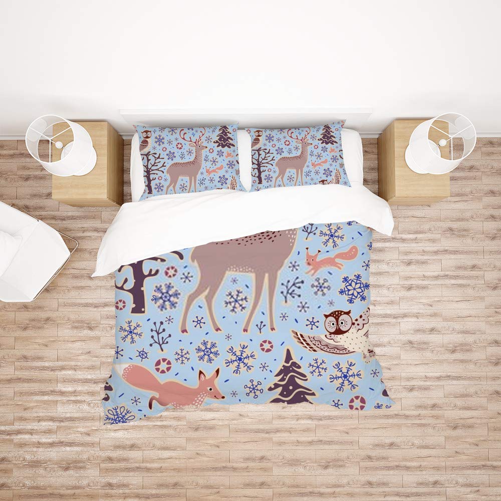 Housse de couette 3 pièces Motif 2 Animaux de la Forêt linge de lit double polyester toutes saisons