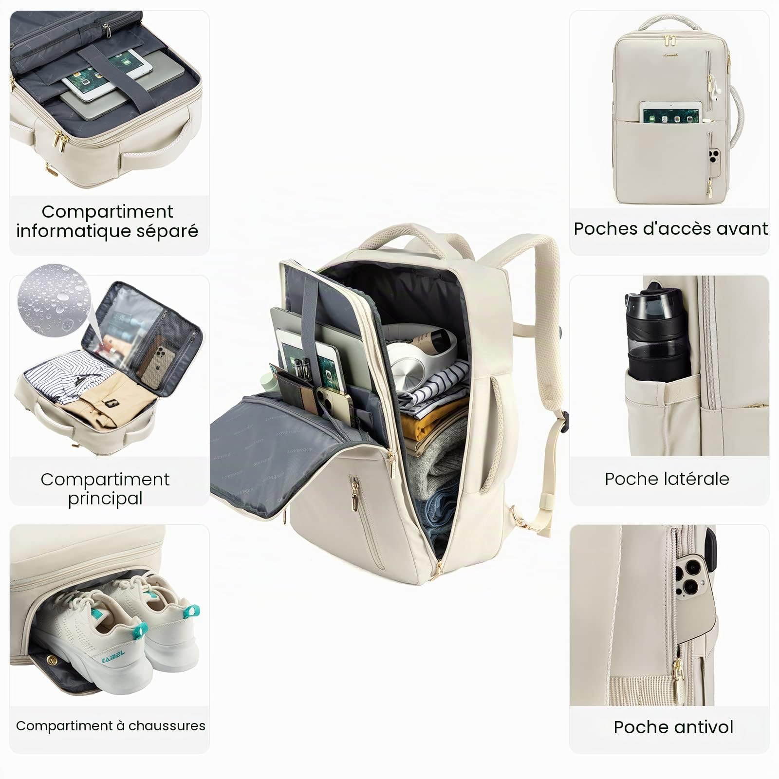 LOVEVOOK Sac à Dos Voyage Femme Homme Sac A Dos Cabine Avion extensible 25-35L Grand Sac à Dos Bagage à Main Sac à Dos Ordinateur Portable 17 Pouces Imperméable Sac Ados Beige