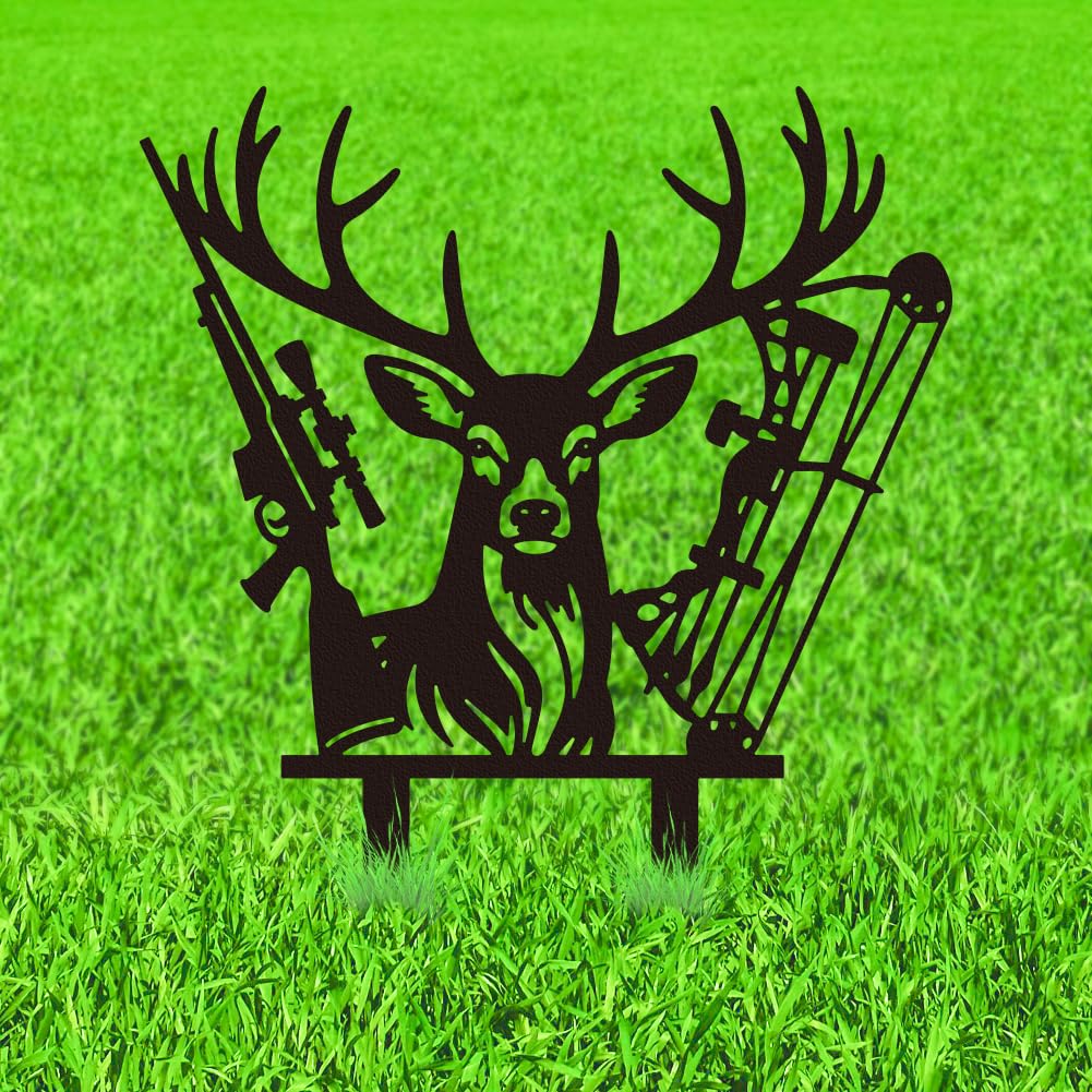 WADORN Deer Hunting Metal Decorative Garden Stakes, Black Deer Rifle Bow Arrow Outdoor Statue Silhouette Funny Animal Hunting Lover Gift Stakes Ornaments for Yard Art Garden Patio Backyard Lawn Decor