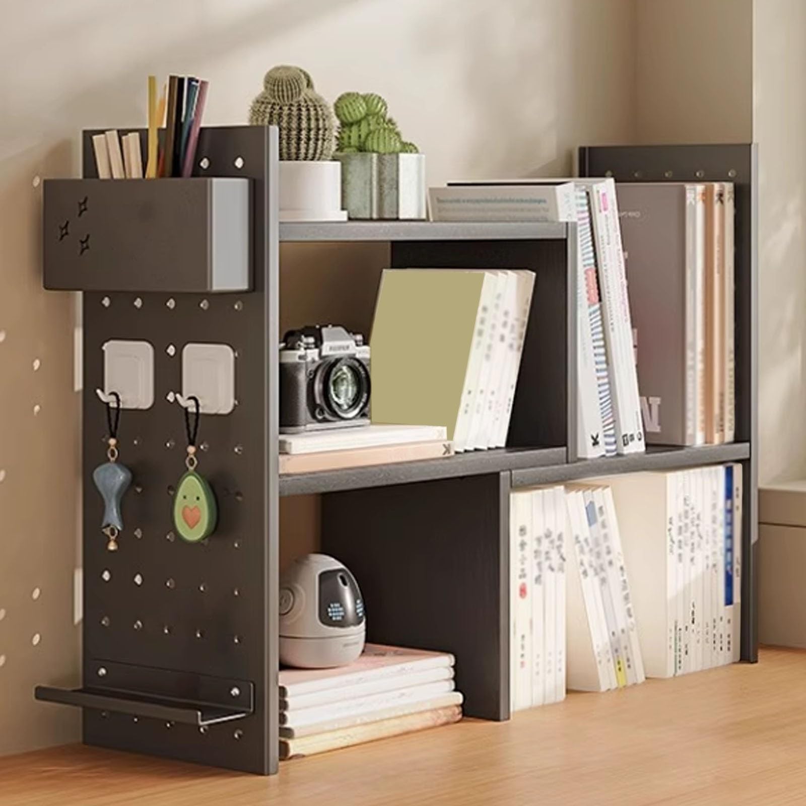 CWCQGH Multipurpose Corner Desktop Bookshelf & Desk Organizer with Pegboard - Stylish Countertop Display Rack for Home Office, Dorm, and Small Spaces Storage Solutions,Black