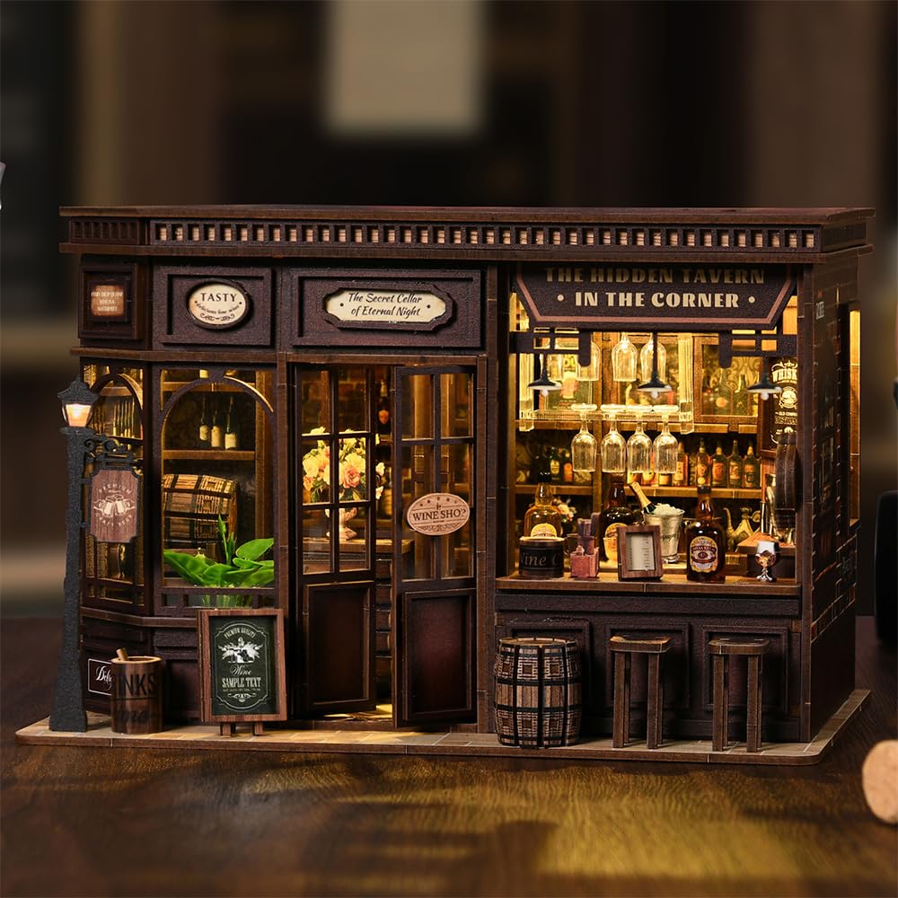 Book Nook Kits for Adults - DIY Miniature House Kit for Bookshelf - Craft Kits for Adults Booknook Model Kits Tiny House with Sensor Led Light (Bar)
