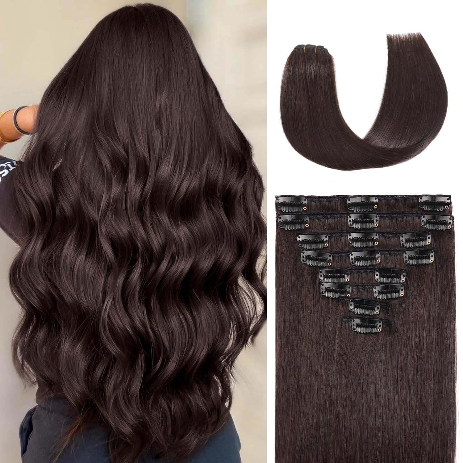 Clip in Hair Extensions Real Human Hair Clip ins 8 Pieces 90-130g Amazon.com : MEYOFUN Dark Brown Clip in Hair Extensions, 26  main image 3