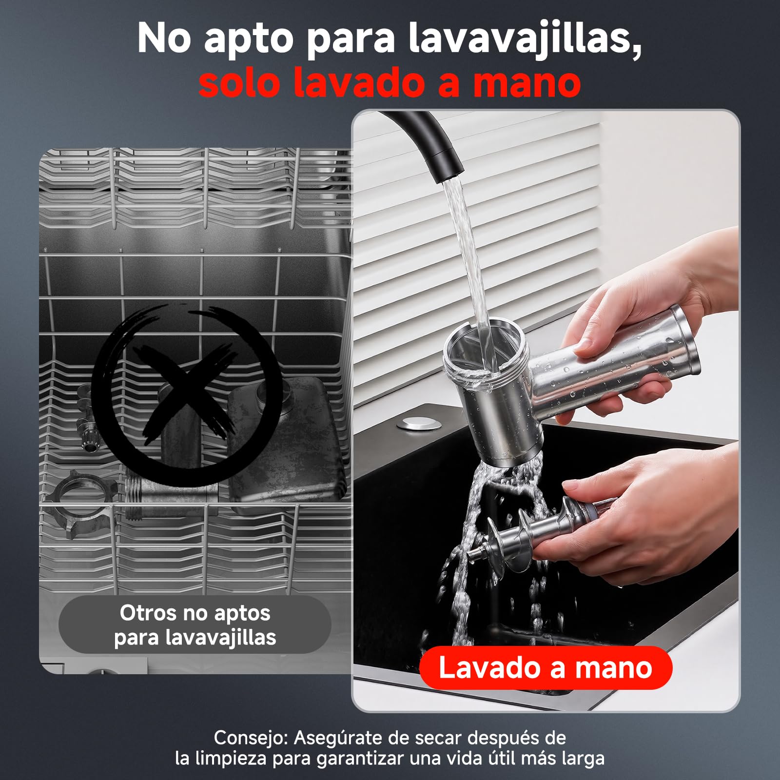 AOBOSI Picadora De Carne Silenciosa - 3000W Máx. Con Motor DC, Solo 60dB, Reversa Automática Y Empujador De Alimentos Con Almacenaje - 3 Niveles De Velocidad, Para Moler, Hacer Embutidos Y Kibbe