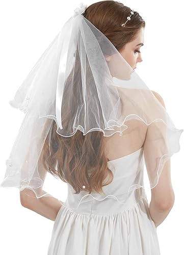 Yelsky Juego de velo de primera comunión, encaje blanco con lazo de perlas, velo de comunión para católicos, corona de flores blancas para niñas