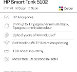 Imprimante tout-en-un sans fil HP Smart Tank 5102, imprimante rechargeable, scanner, photocopieur avec jusqu'à 3 ans d'encre inclus, idéale pour la maison, sans cartouche.
