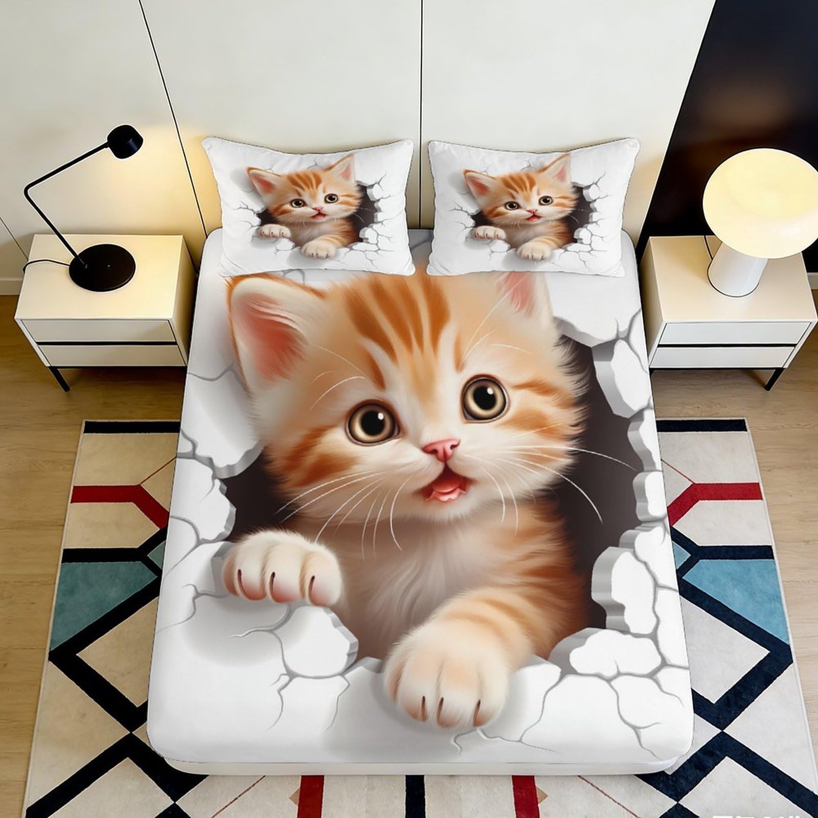 3D Printed Cute Orange Tabby Cat Fitted Sheet Microfiber Non-Slip Mattress Cover for Bedroom Dorm Mattress Protection Decor 120x200x25cm