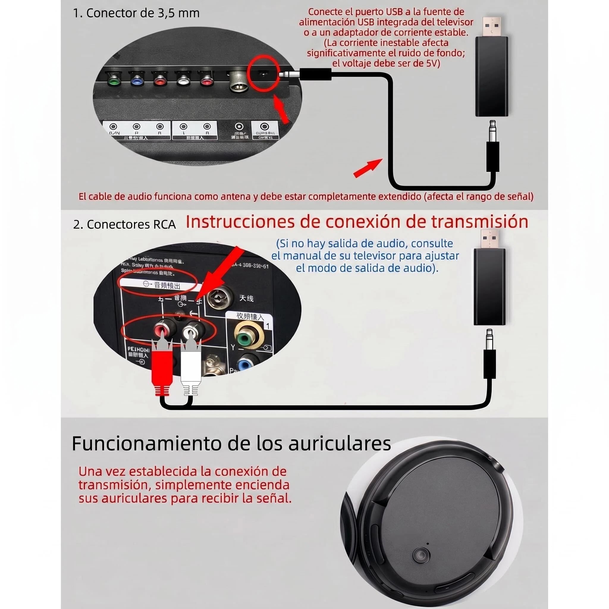 Auriculares para TV Inalámbrico para Personas Mayores y Adultos, Auriculares 2.4G y Bluetooth 5.3 con Transmisor USB, 10H de Reproducción,Latencia Ultra Baja para PC, TV, Dispositivos de Audio