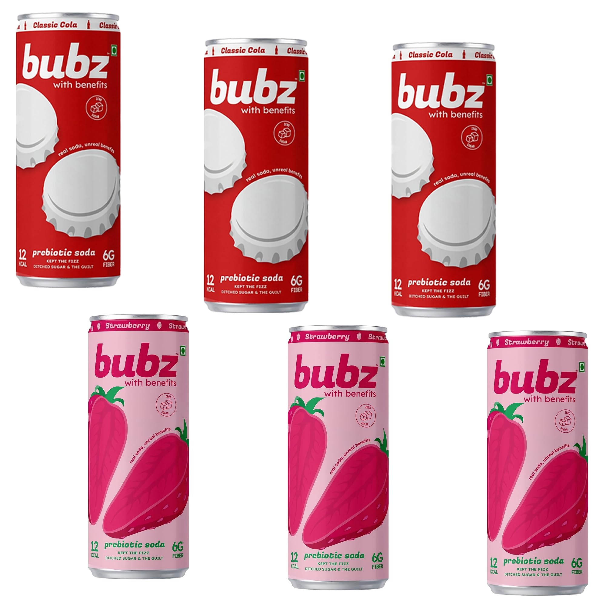 Bubz Cola Pack of 3 + Strawberry Pack of 3 Prebiotic Soda Combo Of 6 | 0g Added Sugar, 6g Prebiotic Fiber | 250 ml Cans | Low Calorie Soda Drink-image-48