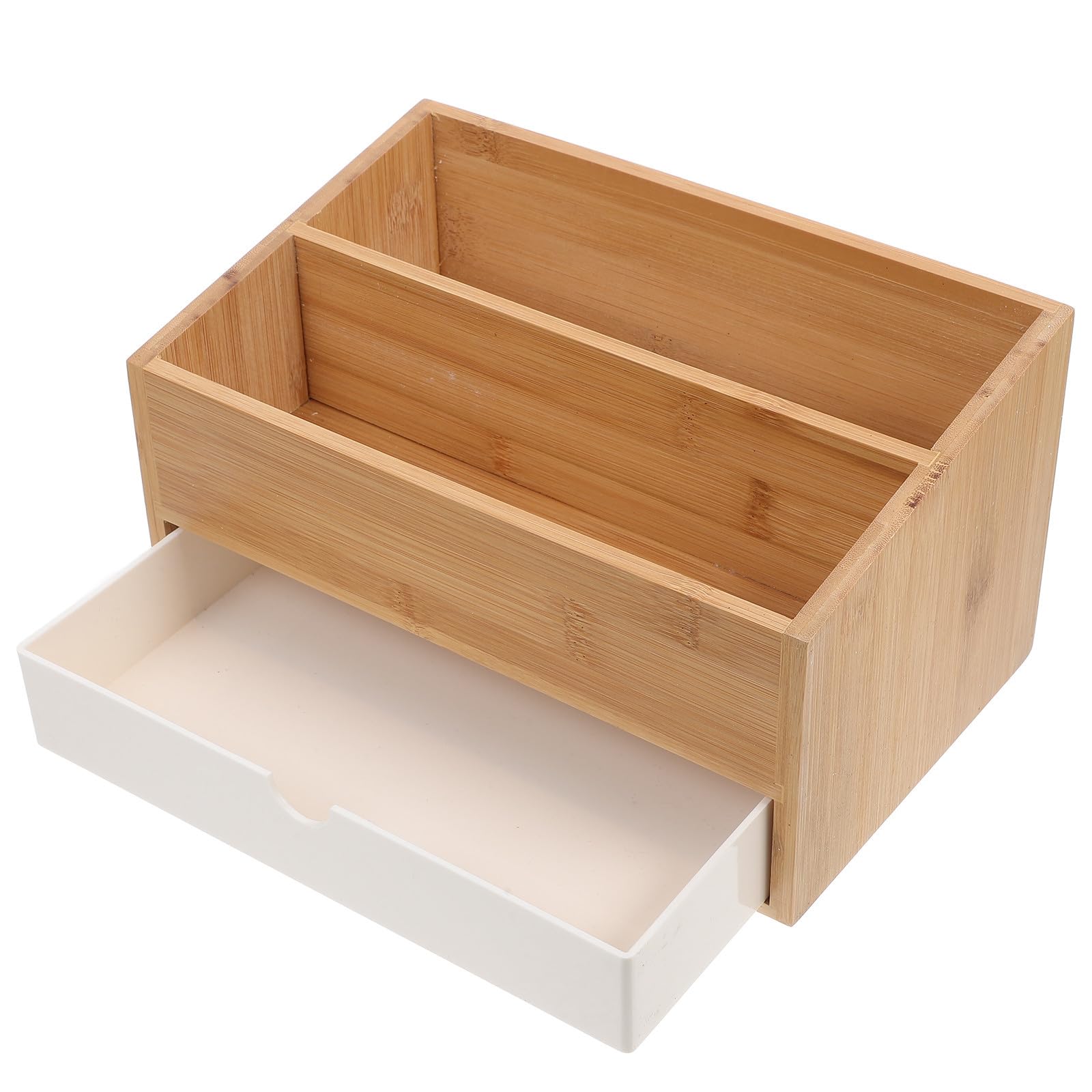 Organizador de Escritorio y Compartimentos con Cajón de Madera Natural