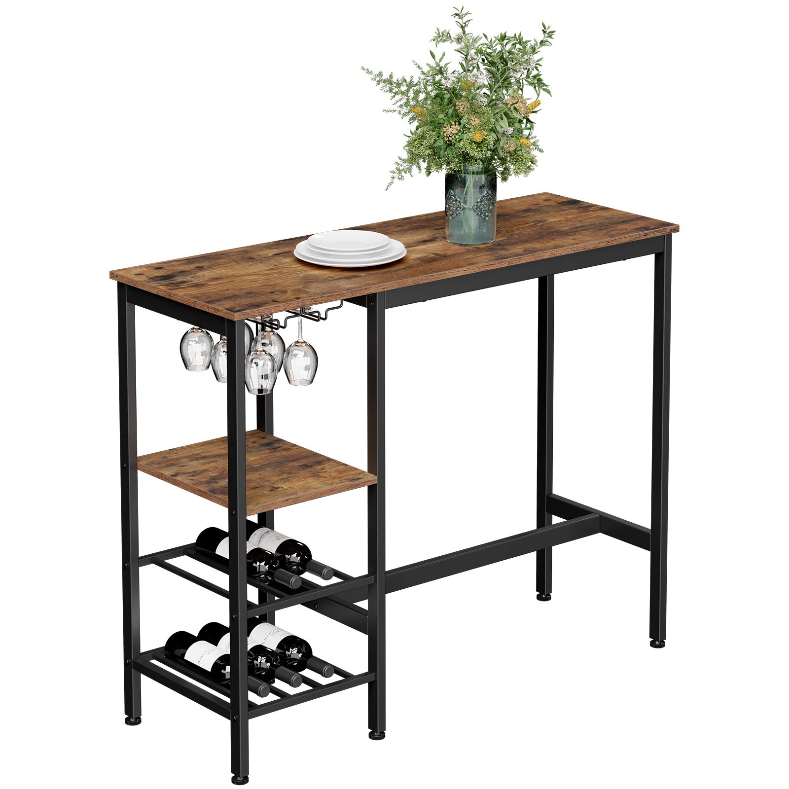 VASAGLE Stehtisch, Bartisch, 110 x 40 x 90 cm, mit Halterungen für Weingläser und Flaschen, Küchentisch, für Wohnzimmer, Küche, Industrie-Design, vintagebraun-schwarz LBT013B01