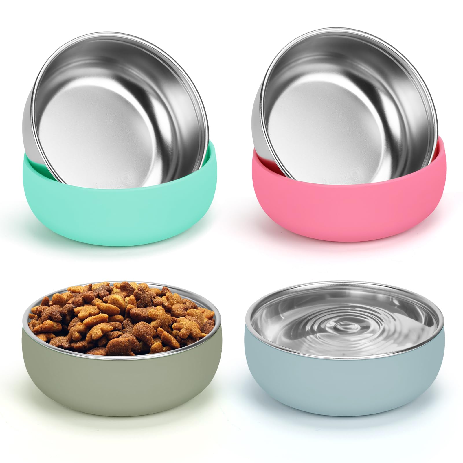 Ciotole per gatti in acciaio inox, con fondo in gomma, 12,7 cm di larghezza e poco profondo, adatte ai baffi, resistenti e antiscivolo, piccole ciotole per gatti da interno