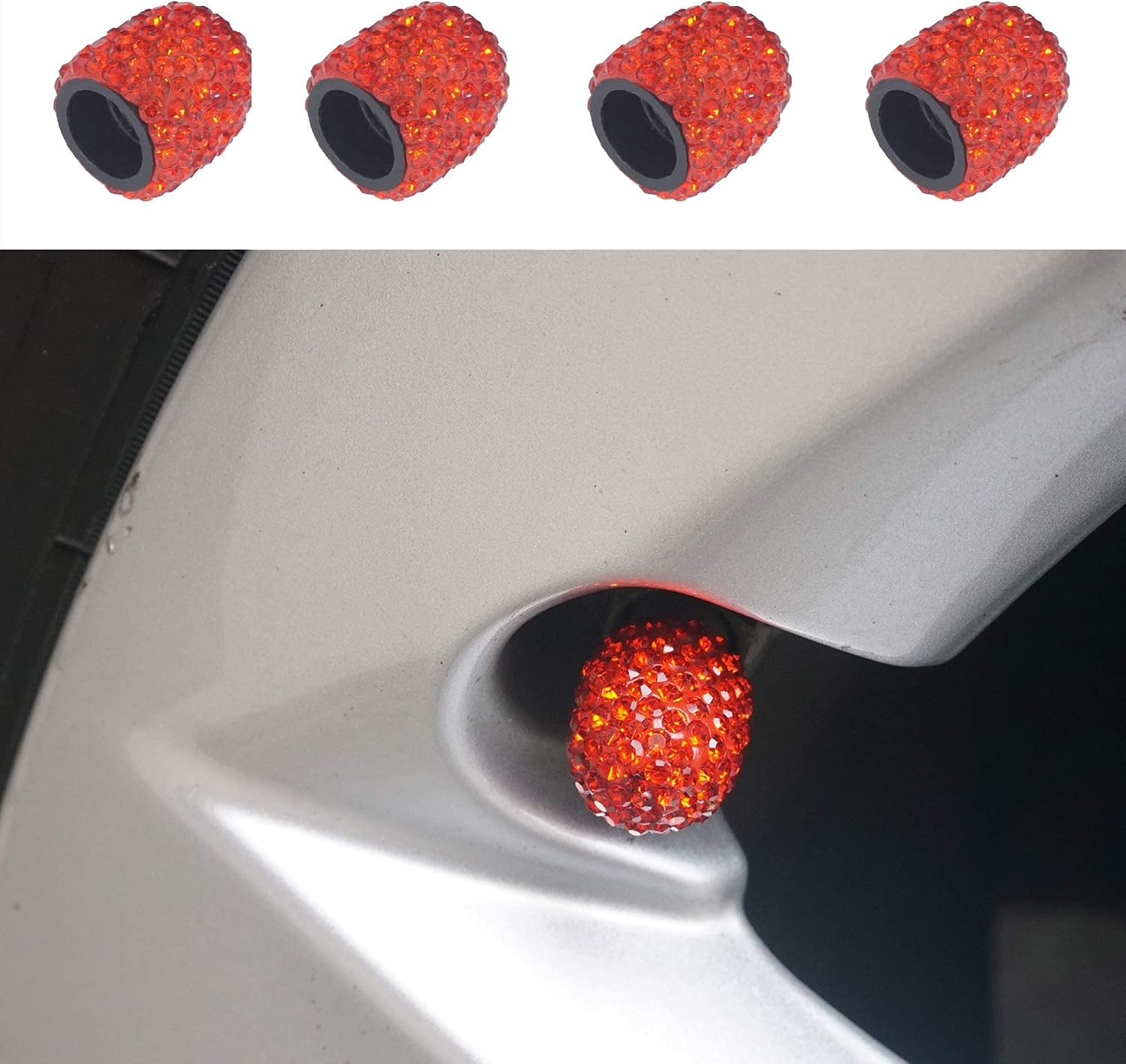 TopDall Bling Tire Valve Stem Caps 4 pcs Red Dustproof Handmade Crystal Rhinestone Universal Car Accessories