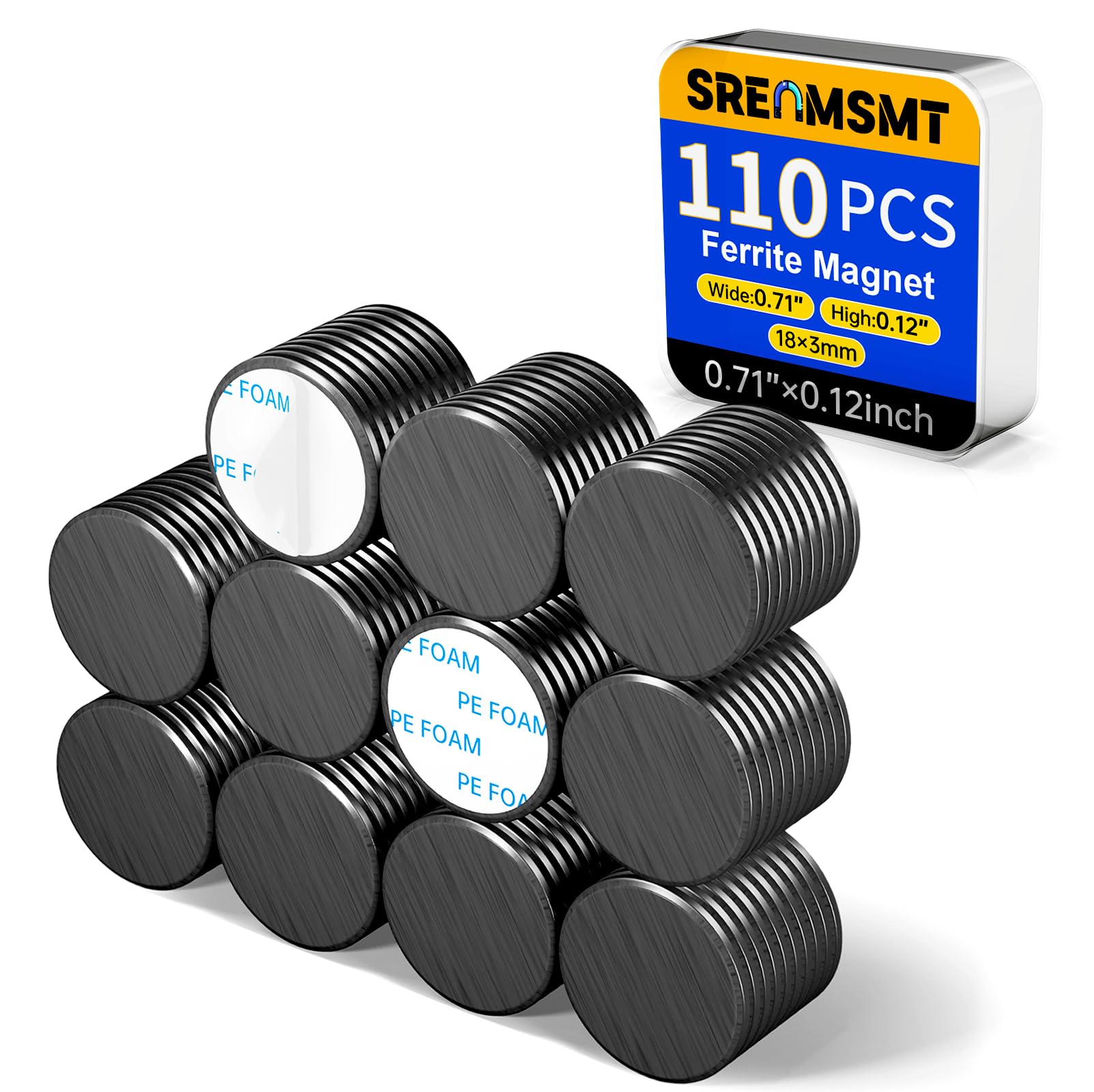 Photo 1 of SRENMSMT Ceramic Magnets, 110 Pack Strong Round Magnets with Adhesive Backing, Small Magnet for Crafts, Home, Office, Workshop, Whiteboard, Fridge.(0.7'' x 0.12'' / 18 x 3mm)