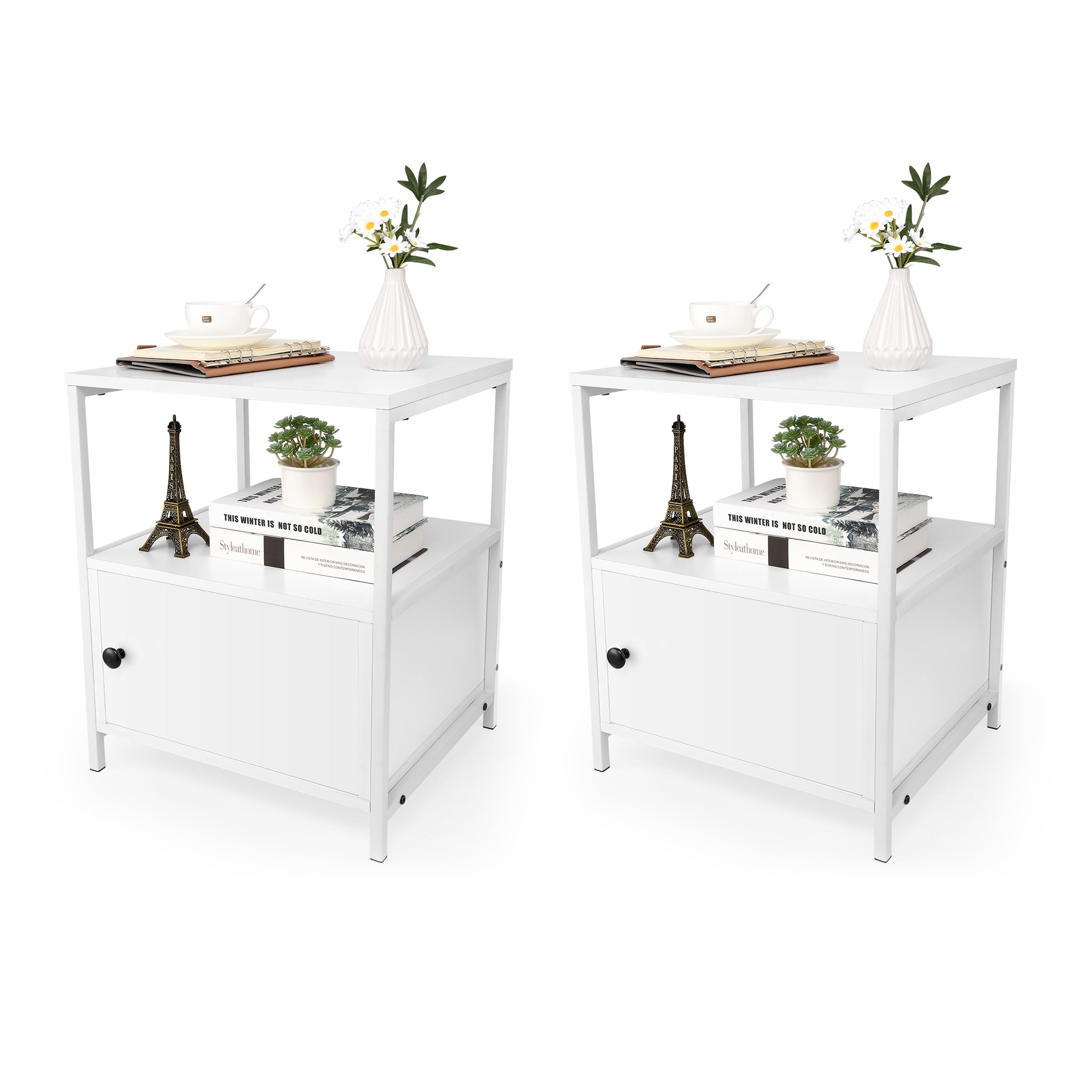 farexon Nightstand Set of 2, Wooden End Side Table with Storage Cabinet and Open Shelf, Industrial Modern Bedside Table for Bedroom, Living Room, Metal Steel Frame (White)