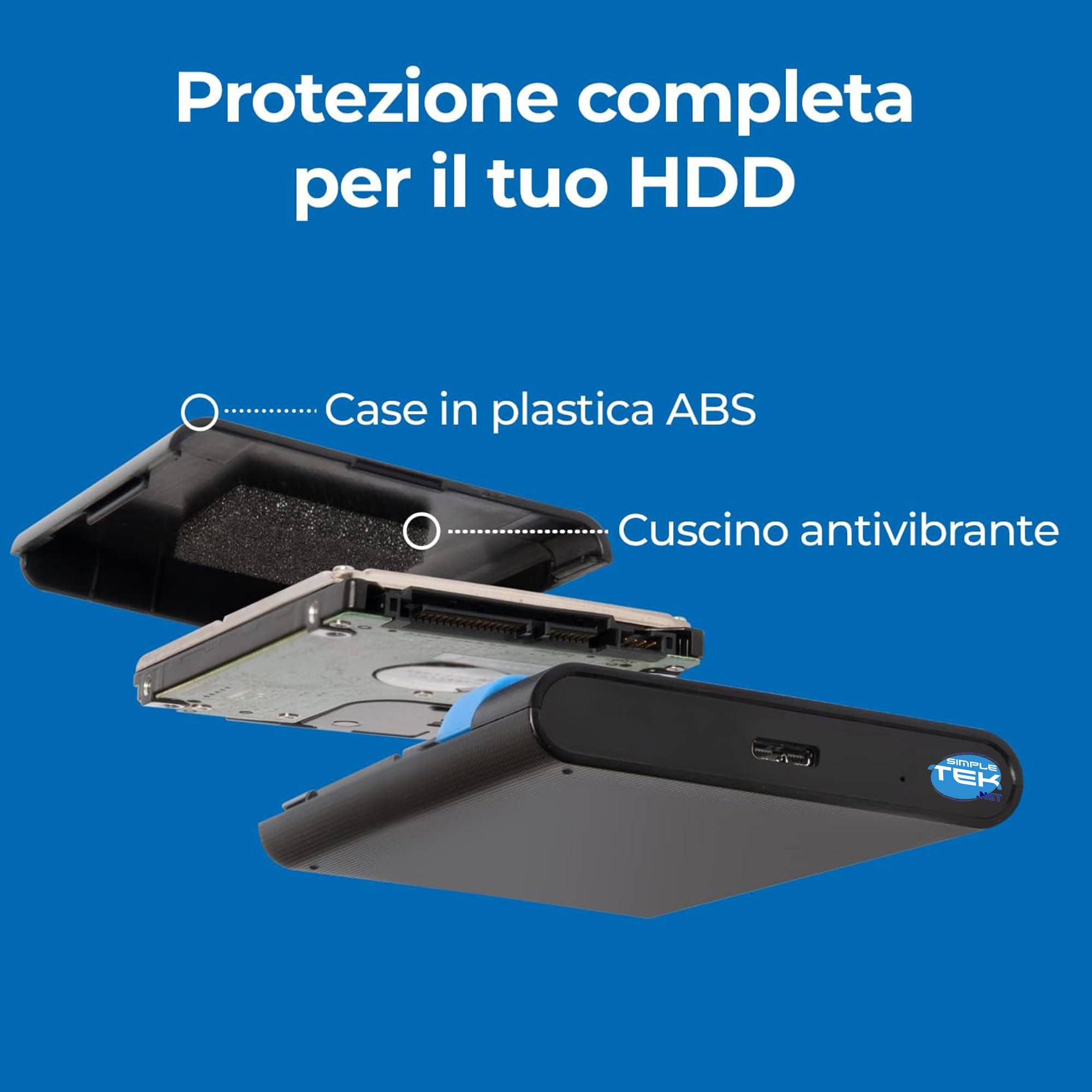 SIMPLETEK - Festplatte 1TB SATA III + Externes Gehäuse 2,5" USB 3.2 Gen1, GS-15U3, 20cm Kabel, 6Gbps (Generalüberholt)